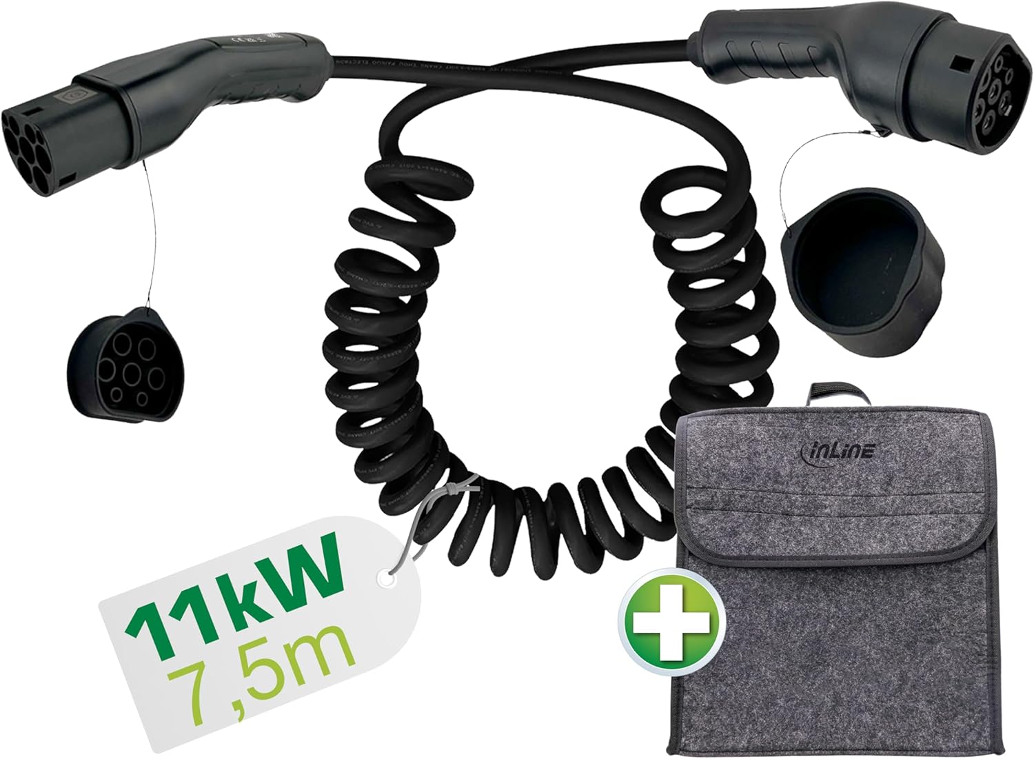 EV Spiral-Autoladekabel für Elektroauto, 7,5m, TYP2 EN 62196, inkl. Aufbewahrungstasche, 11KW MAX./7,4KW/3,7KW, 16A, 3-Phasig, kompatibel mit Modellen wie i3, iX, ID.3, ID.4 und Anderen