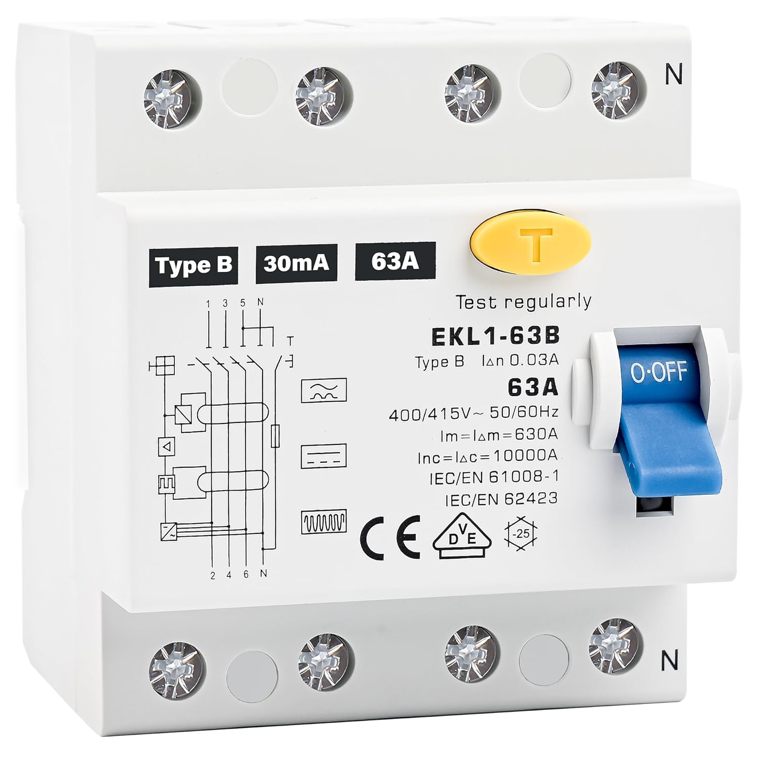 FI Schutzschalter Typ B 63A 30mA 4 Polig, VDE Zertifizierung Fehlerstromschutzschalter RCD Allstromsensitiver Schalter Automat Sicherung für Wallboxen Ladestationen, DIN Hutschiene Montage