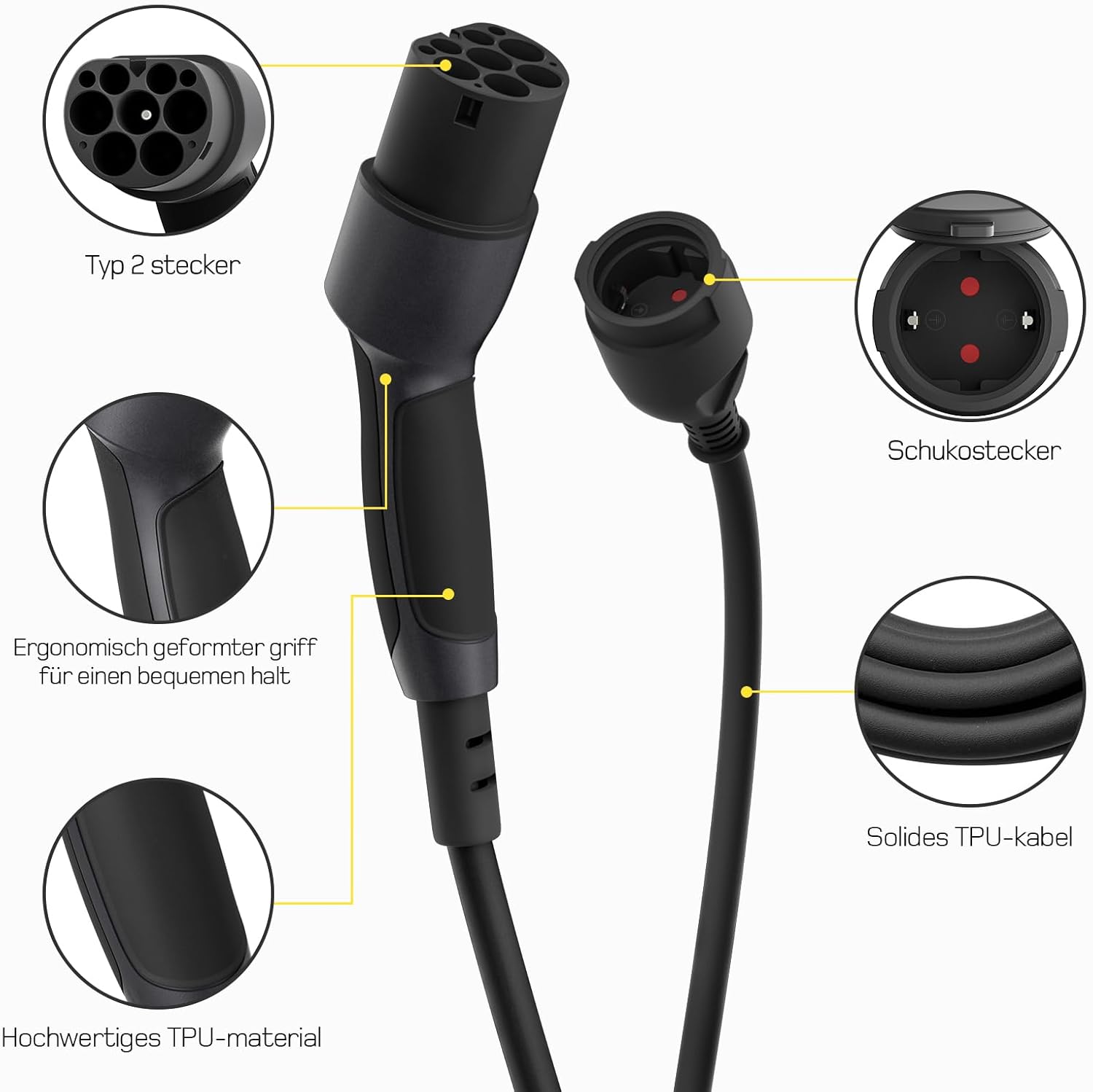 Adapter Typ 2 auf Schuko - Elektroauto Ladestecker, 16A 3m Einfaches Laden an Ladestationen/Wallboxen trotz Verwendung von 230V Ladegeräten für E-Bike, E-Scooter, Motorrad. IP55 Nicht für V2L