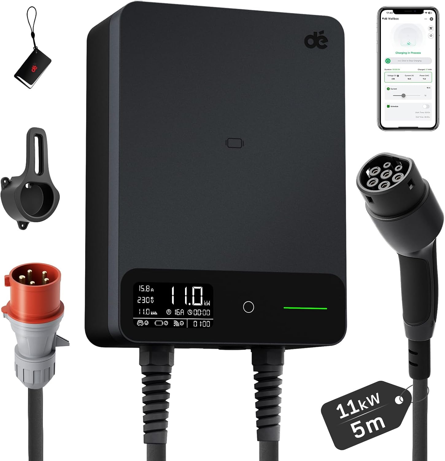 Wallbox 11kW mit APP, 5m Typ 2 Ladekabel mit Kabelhalter, 3-Phasen EV-Ladegerät (6-16A, 400V), für BEV/PHEV, RCD Type A 30mA AC + 6mA DC & IP54-Schutz, effiziente Ladestation für Zuhause, Schwarz
