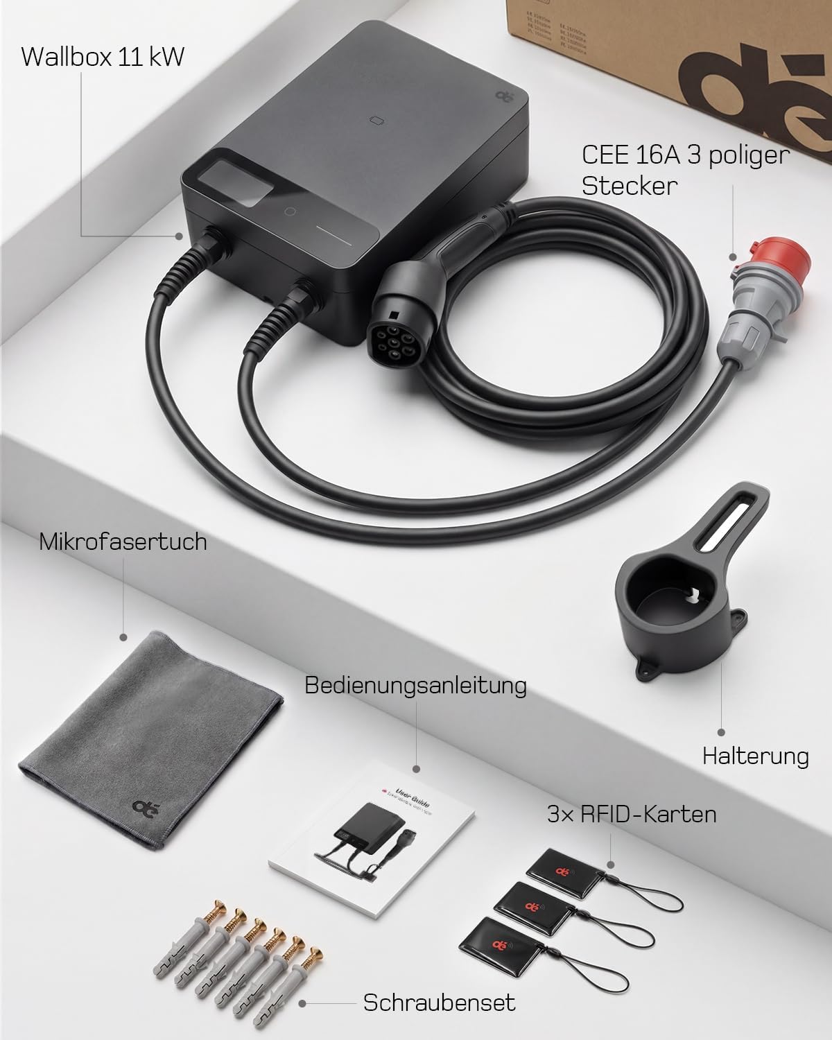 Wallbox 11kW mit APP, 5m Typ 2 Ladekabel mit Kabelhalter, 3-Phasen EV-Ladegerät (6-16A, 400V), für BEV/PHEV, RCD Type A 30mA AC + 6mA DC & IP54-Schutz, effiziente Ladestation für Zuhause, Schwarz