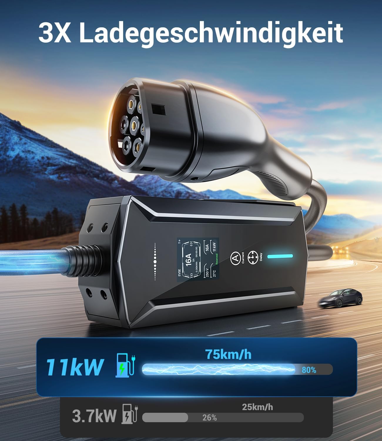 Mobile Wallbox 11kW 7M 6-16A, EV Charger mit CEE Adapter Typ 2 Ladekabel