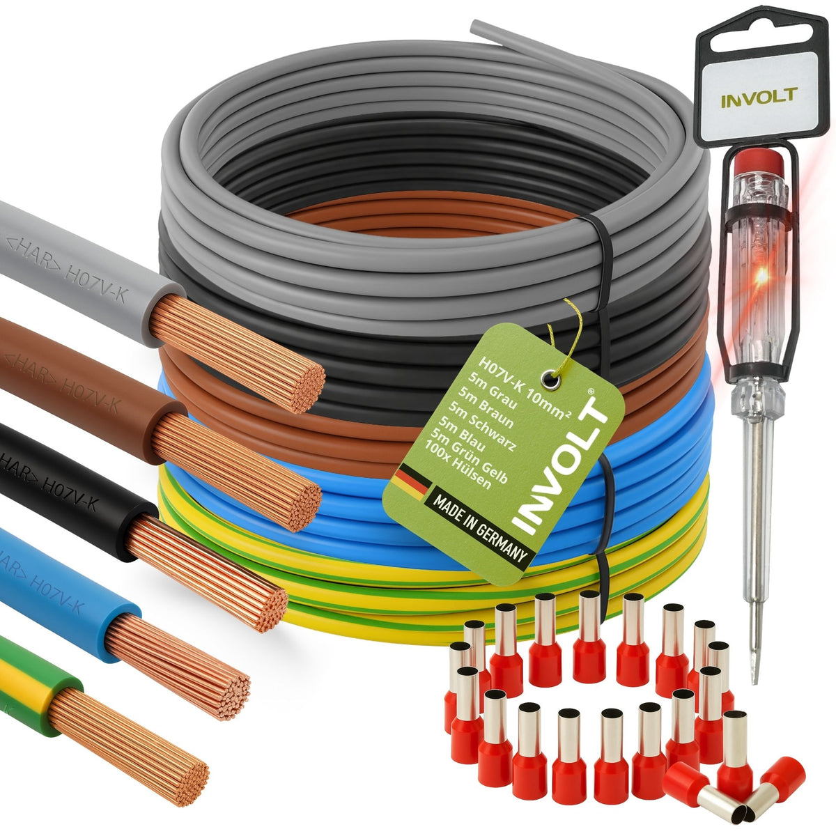 H07V-K 10 mm² Verdrahtungsleitung Set, 5x je 5m Einzelader Schwarz, Blau, Braun, Grau, Grün-Gelb + Zubehör