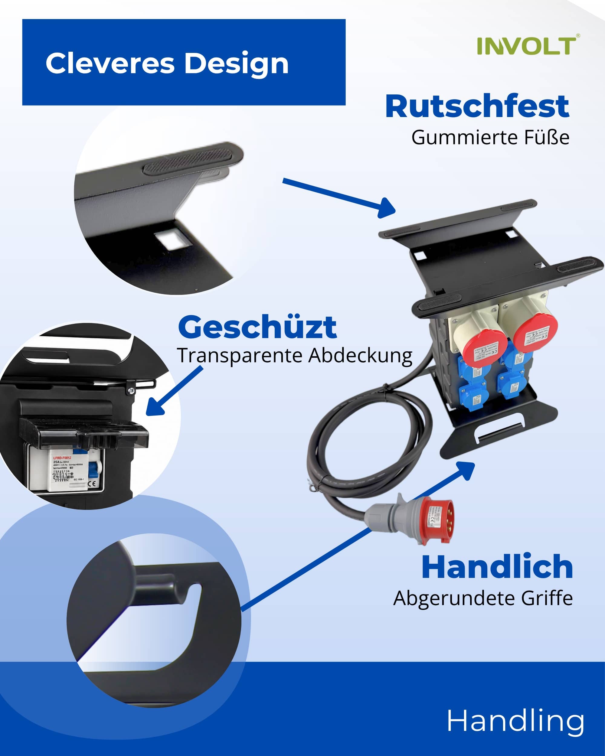 CEE Baustromverteiler Starkstrom Schuko Adapter 4 x 230V 2 x 400 V 5-polig 16A Mit FI Schutzschalter