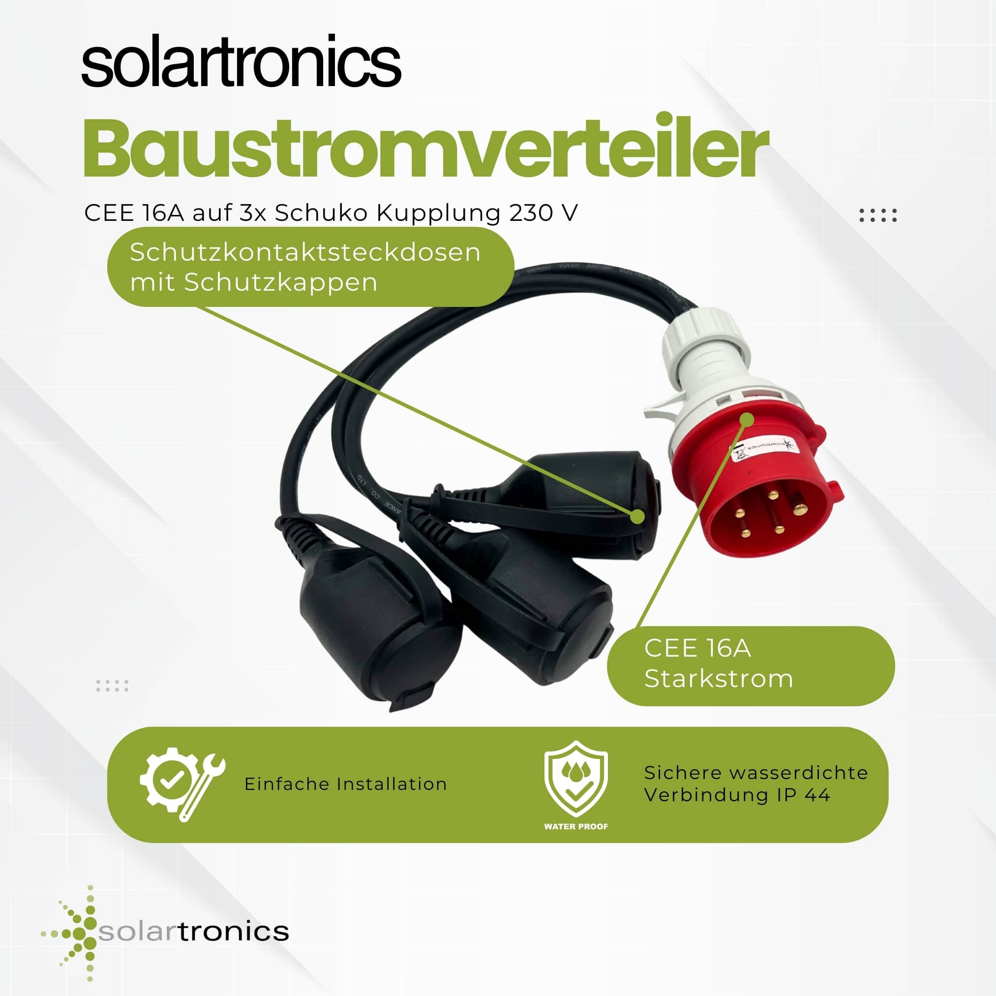CEE-Adapter Starkstrom 16 A 400 V auf 3x Schuko 230 V IP44