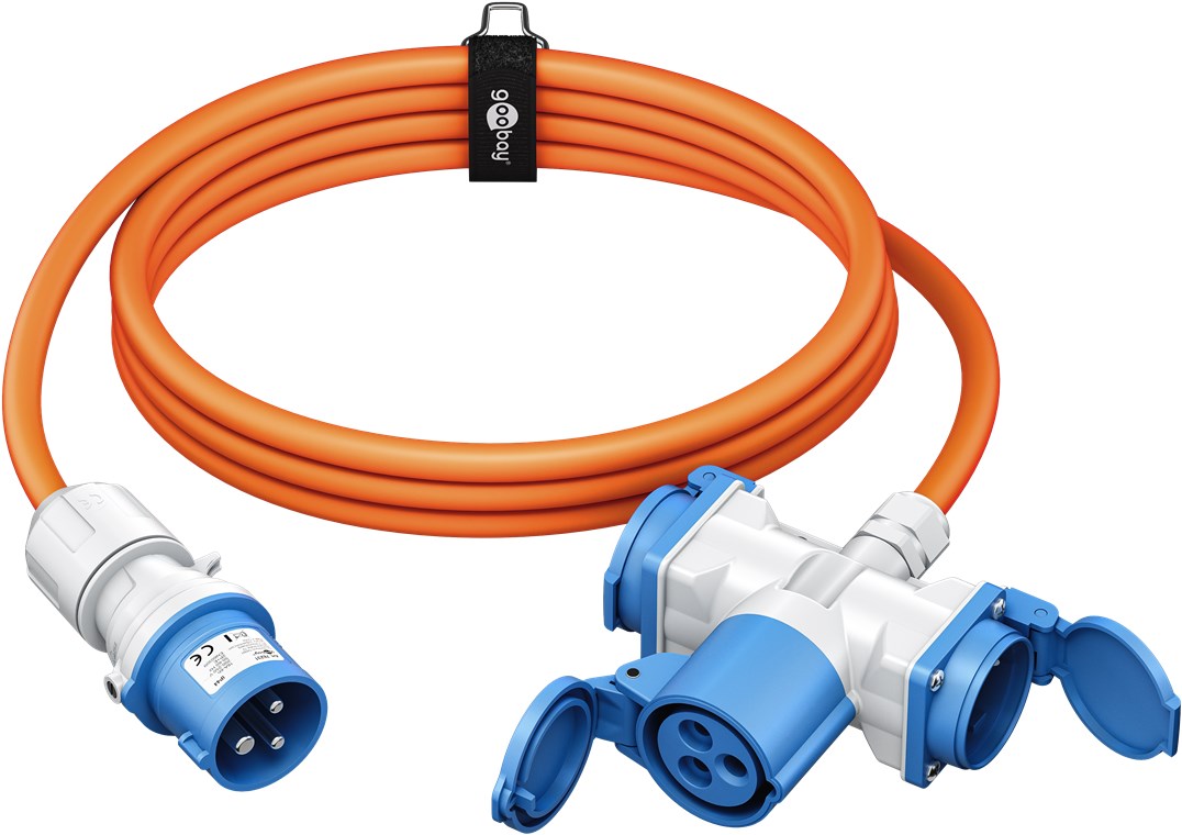 goobay CEE-Adapterkabel für Wohnwagen 1,5 m CEE-Stecker auf 1 x CEE-Buchse und 2 x Schutzkontaktsteckdose, IP 44, Kabel für Camping, Wohnmobil und Baustelle