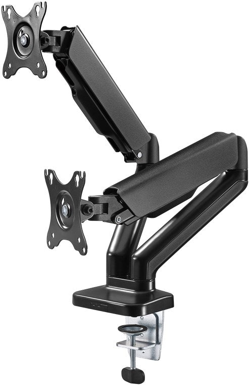 goobay Dual Monitorhalterung – mit Gasdruckfeder, für 17" bis 32" Bildschirme, Neig & Drehbar, Tischklemmmontage, 9kg Tragkraft, mit Kabelmanagement, VESA Kompatibel 75x75 & 100x100, Doppelarm