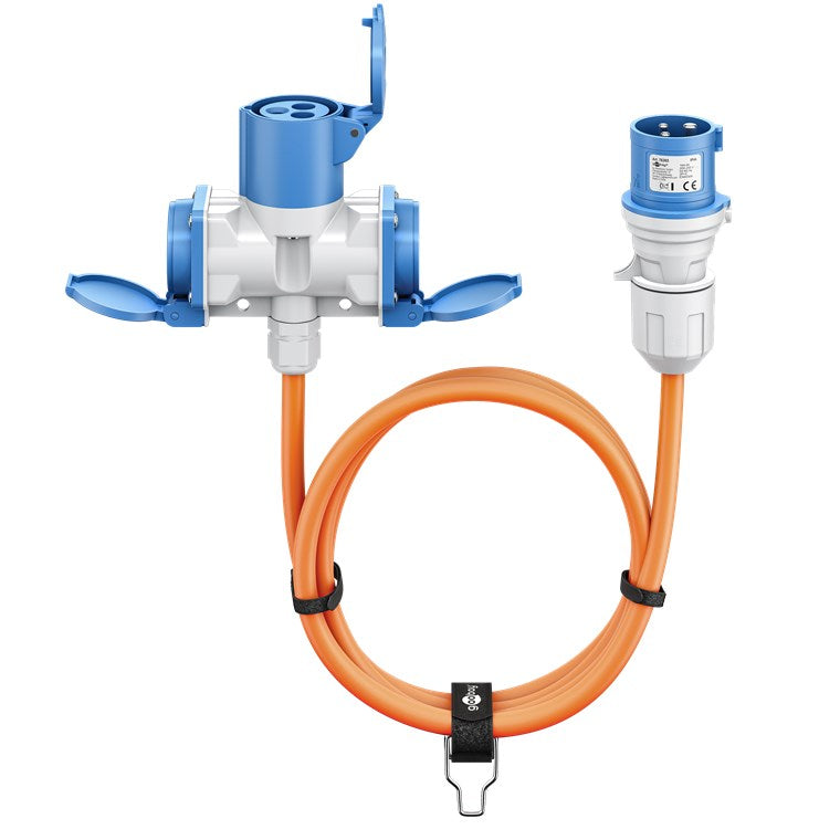 goobay CEE-Adapterkabel für Wohnwagen 10 m CEE-Stecker auf 1 x CEE-Buchse und 2 x Schutzkontaktsteckdose, IP 44, Kabel für Camping, Wohnmobil und Baustelle