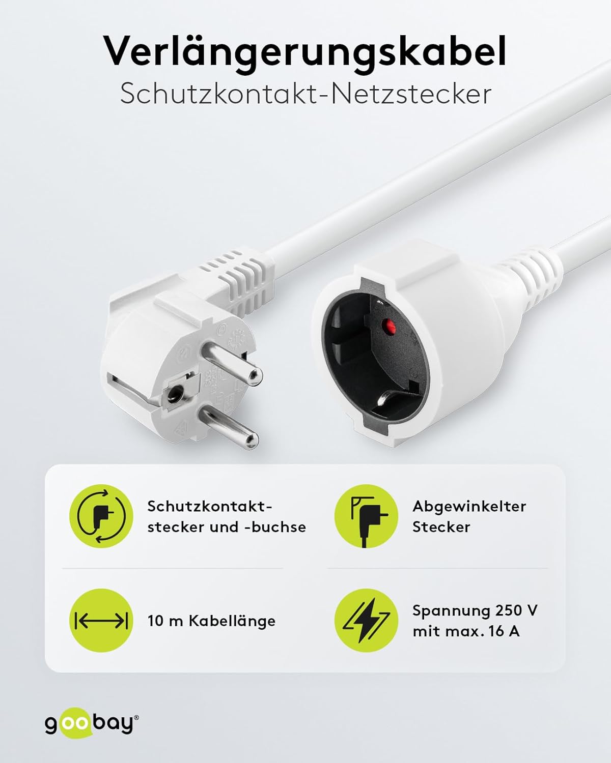Goobay Gewinkeltes Strom Verlängerungskabel / Schutzkontakt Stecker 250V Schutzkontakt 10 Meter Stromkabel Verlängerung für Innenbereich / Weiß / 10m