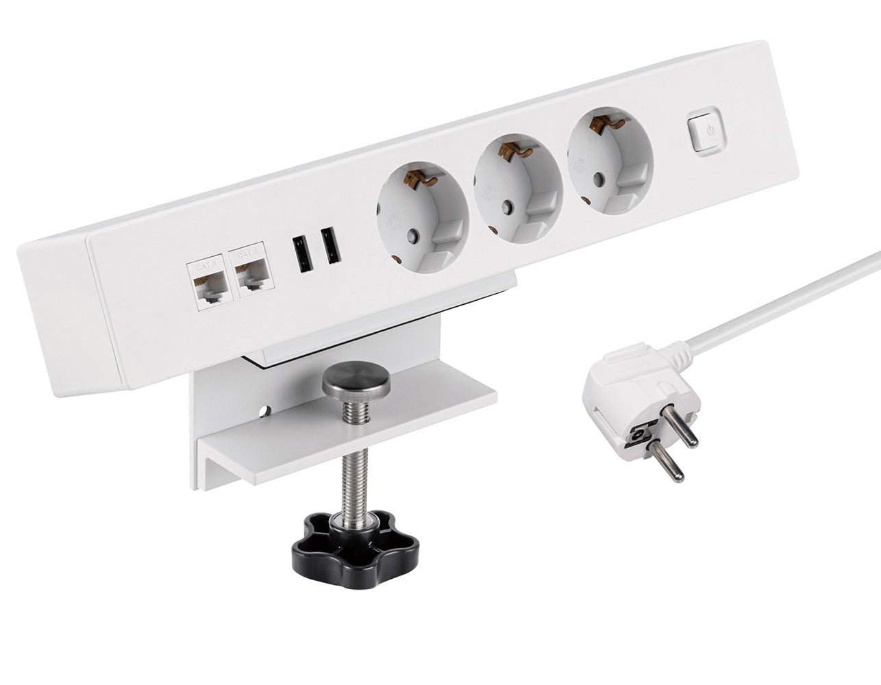 Tischsteckdose NV62L 3-Fach Schutzkontakt mit 2X USB und 2X LAN Anschluss, Mehrfachsteckdose für Zuhause mit Tischbefestigung, Knopf zum EIN- und Ausschalten, Steckdosenleiste mit 1,8m Kabel
