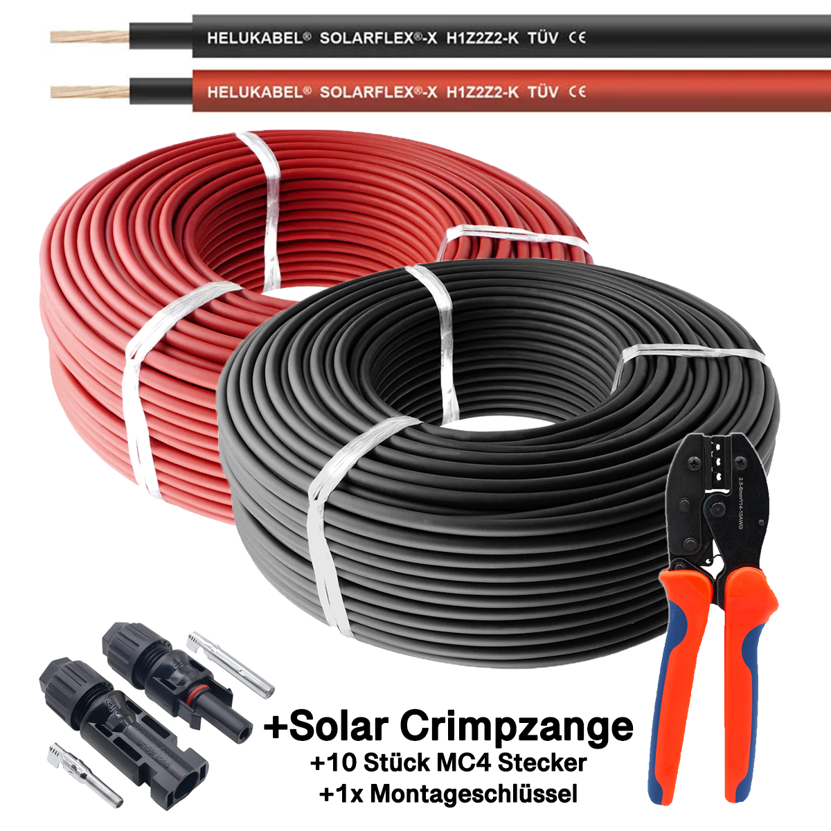 2er Pack rot + schwarz Solarkabel 6mm² - je 25m - UV-beständig, halogenfrei, flexibel ... inkl. Solar Crimpzange und 10x MC4 Solarstecker
