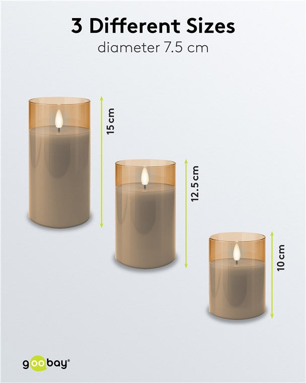 3er-Set LED Kerzen mit Timerfunktion - Echtwachs Im Glas, Gold-Transparent, 3D-Docht, batteriebetrieben, warmweiß - Stilvolle LED Kerze für sichere Deko im Wohnzimmer oder Esszimmer