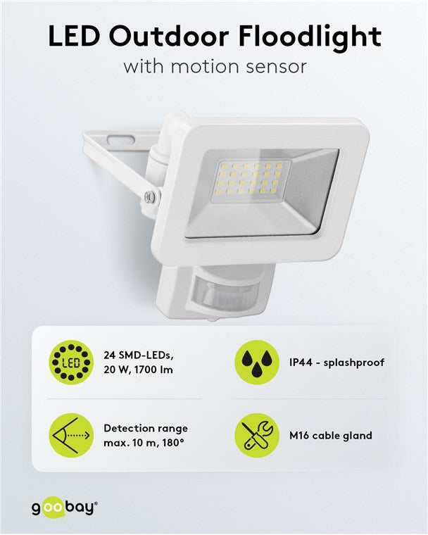 LED Strahler Bewegungsmelder Außen 20W / PIR Sensor Außenstrahler IP44 / Neutralweißes Licht 1700 lm / LED Scheinwerfer Fluter Wandmontage / Gartenstrahler / Weiß
