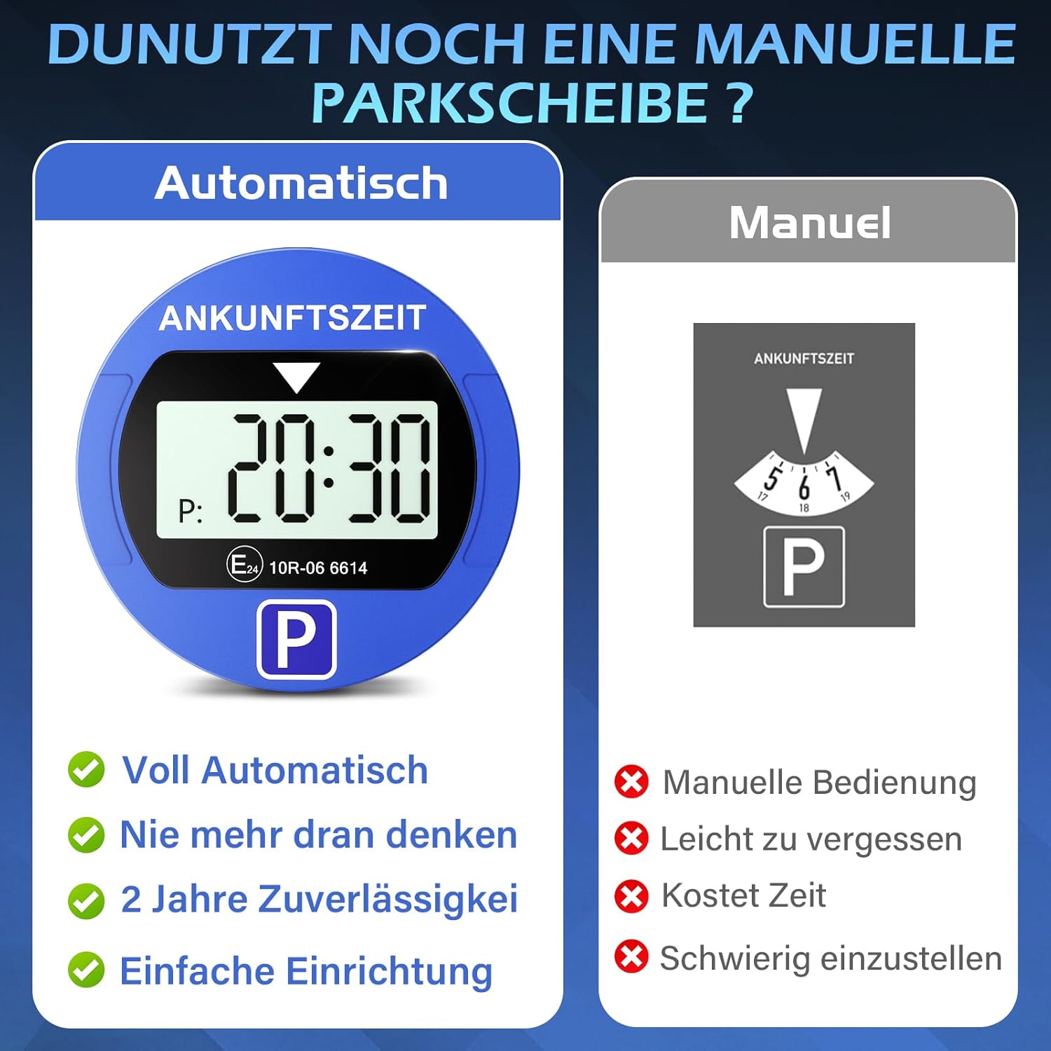Elektronische Parkscheibe mit Zulassung vom KBA, Automatische Digitale Parkscheibe Elektrisch mit Batterie, Elektrische Parkuhr Auto mit 2 Displays & Nachtparkmodus & Vielseitig