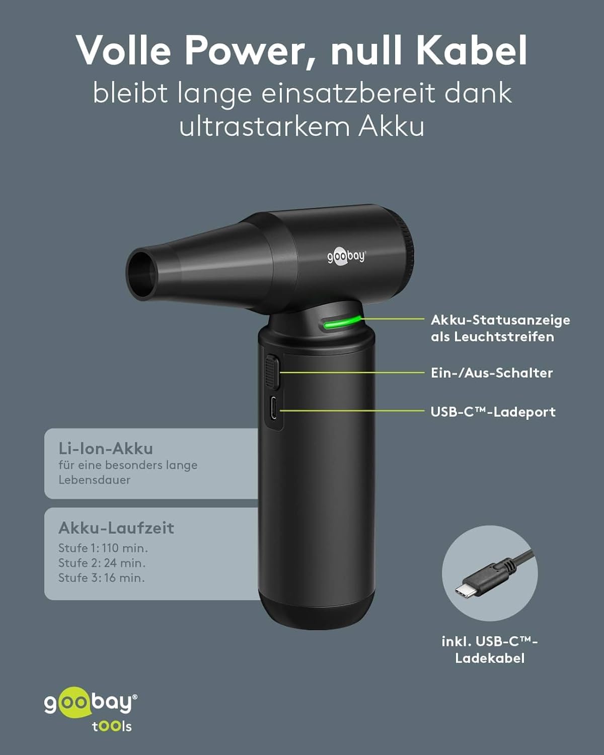 Staubgebläse Superior mit 3 Stufen, 6.000 mAh Akku, 130.000 rpm, bis 110 min Betriebsdauer, inkl. 8 Aufsätze zum Entfernen von Staub auf Tastaturen, im PC, im Sofa, Autointerieur
