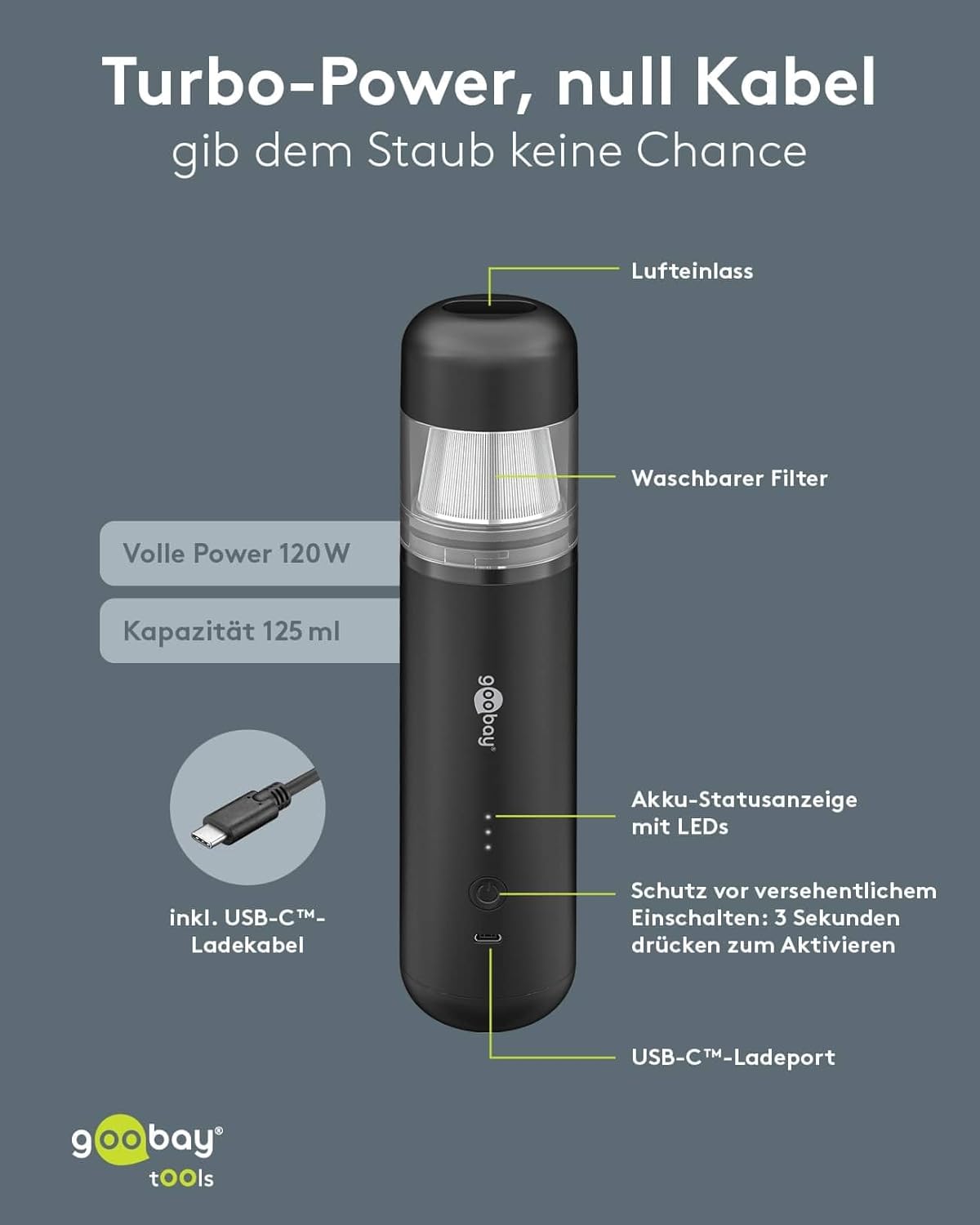 Mini-Staubsauger Superior/Akku-Handstaubsauger für Auto, Haus, Wohnmobil, 120W, 7 Düsen, 3 Bürsten/Ideal für Tastaturen und schwer zugängliche Ecken, Gebläsefunktion