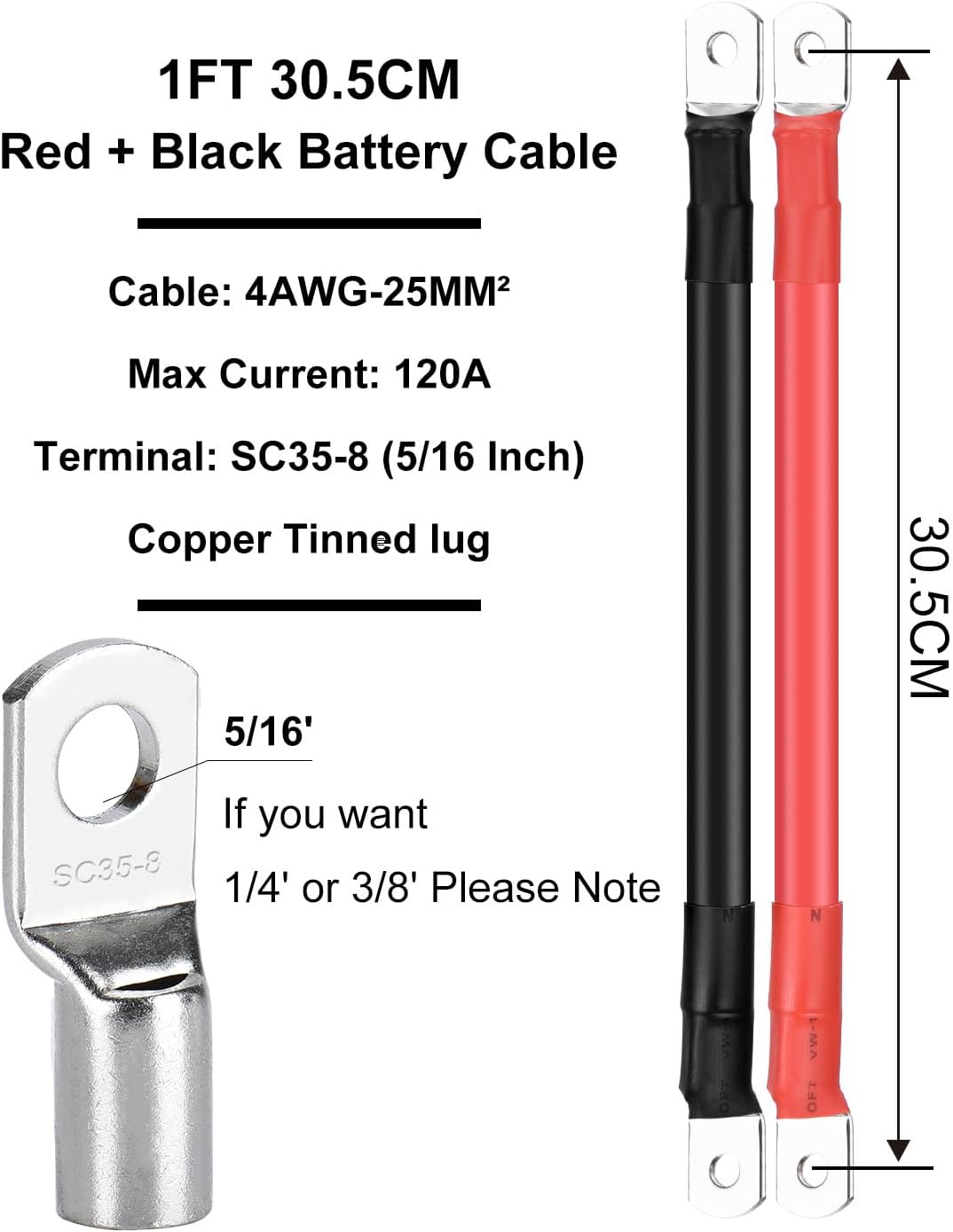 100cm Batteriekabel 25mm² M8 4AWG Silikonkabel Flexibel Hitzebeständiges
