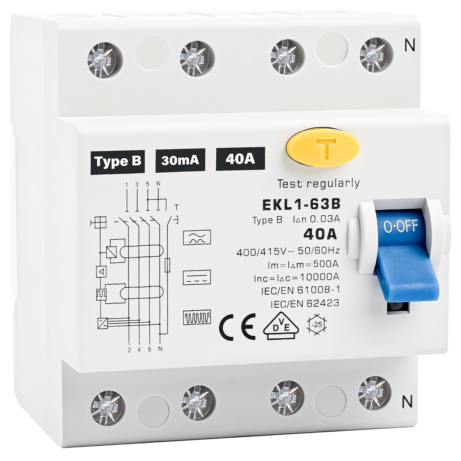 FI Schutzschalter Typ B 40A 30mA 4 Polig, VDE Zertifizierung Fehlerstromschutzschalter RCD Allstromsensitiver Schalter Automat Sicherun für Wallboxen Ladestationen, DIN Hutschiene Montage