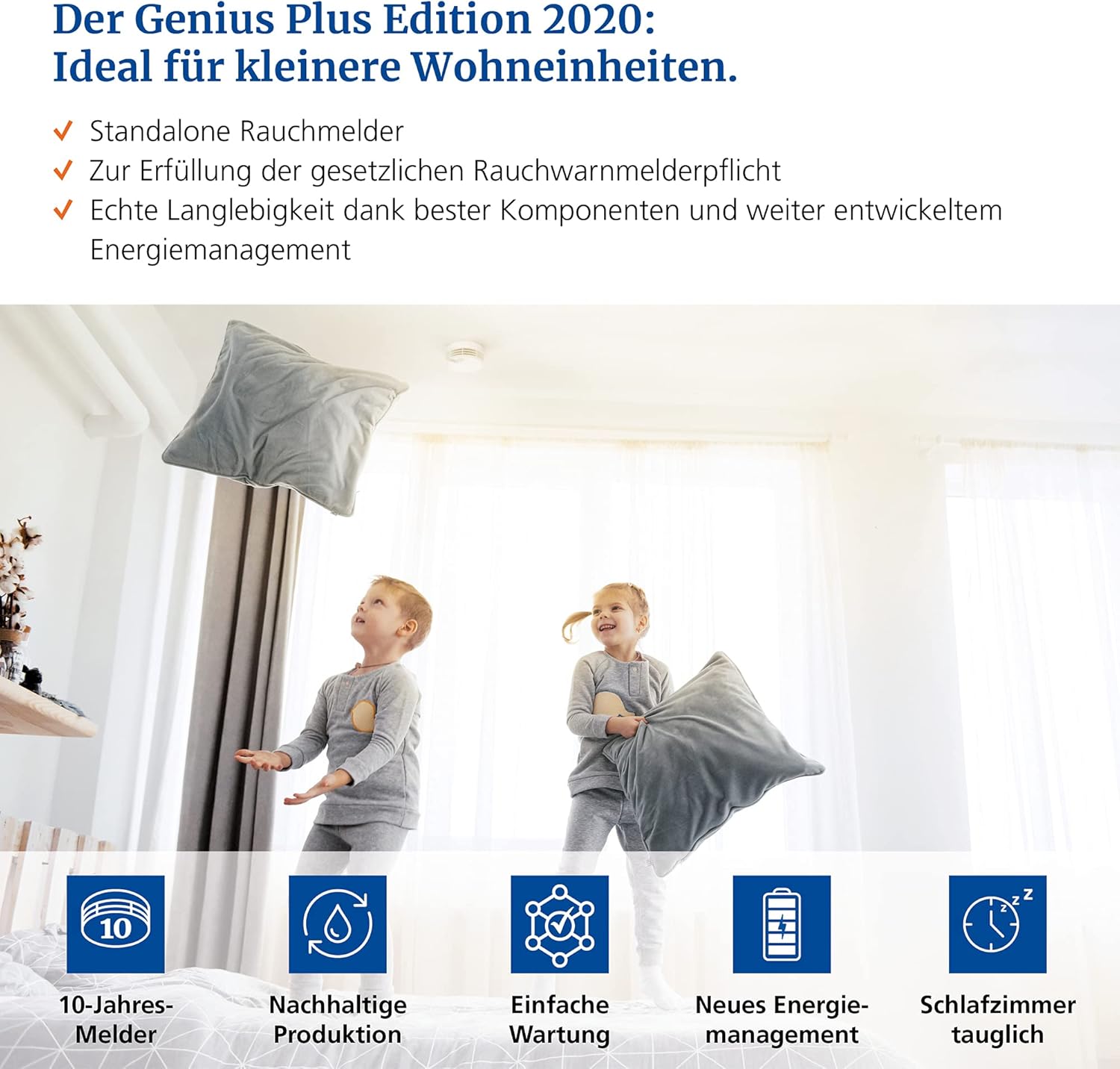 Hekatron Genius Plus – Rauchmelder 10 Jahre Batterie – Testsieger Stiftung Warentest – Made in Germany – inkl. 1x Klebepad – App-unterstützt – Brandmelder – 1 Stück [Energieklasse B]