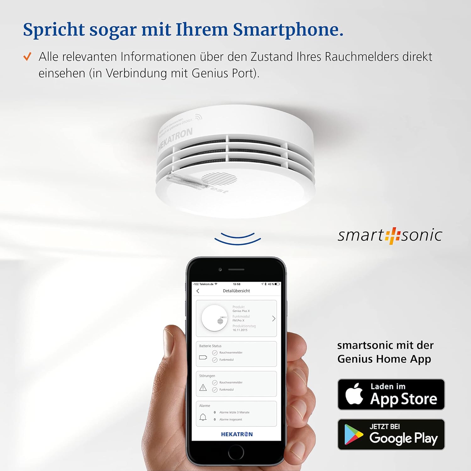 Hekatron Genius Plus – Rauchmelder 10 Jahre Batterie – Testsieger Stiftung Warentest – Made in Germany – inkl. 1x Klebepad – App-unterstützt – Brandmelder – 1 Stück [Energieklasse B]