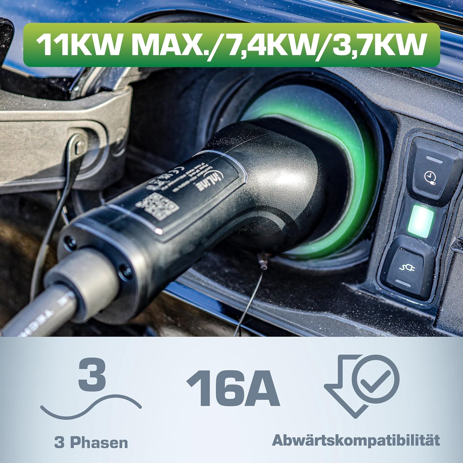 EV-Autoladekabel für Elektroauto, 5m, TYP2 EN 62196, inkl. Aufbewahrungstasche, 11KW MAX./7,4KW/3,7KW, 16A, 3-Phasig, kompatibel mit Modellen wie i3, iX, ID.3, ID.4, ID.5 und Anderen