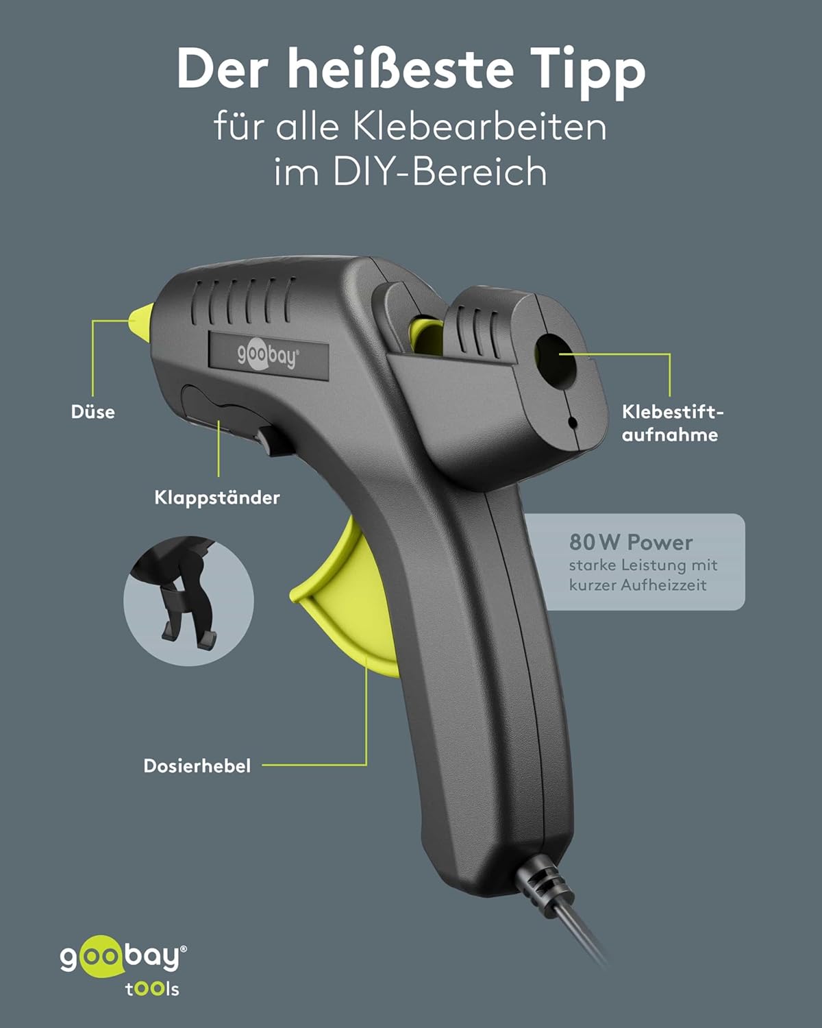 Heißklebepistole 80W inkl. 2 Klebesticks - für 11mm Sticks, 1m Kabel, schnelle Aufheizzeit 2-3 min, Reparaturen oder DYI, vielseitig einsetzbar für Keramik, Holz, Metall, Leder