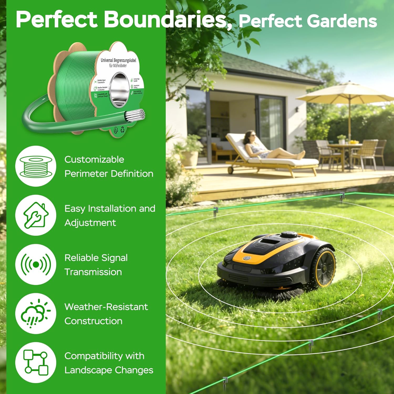 Begrenzungskabel Mähroboter - 150m Rasenroboter Begrenzungsdraht Ø2,7mm Set mit 100 Erdnägel +20 Verbinder +20 Anschlussklemmen, Allgemein Rasenmäher Roboter Kabel Kompatibel mit Gardena Husqvarna Worx Bosch