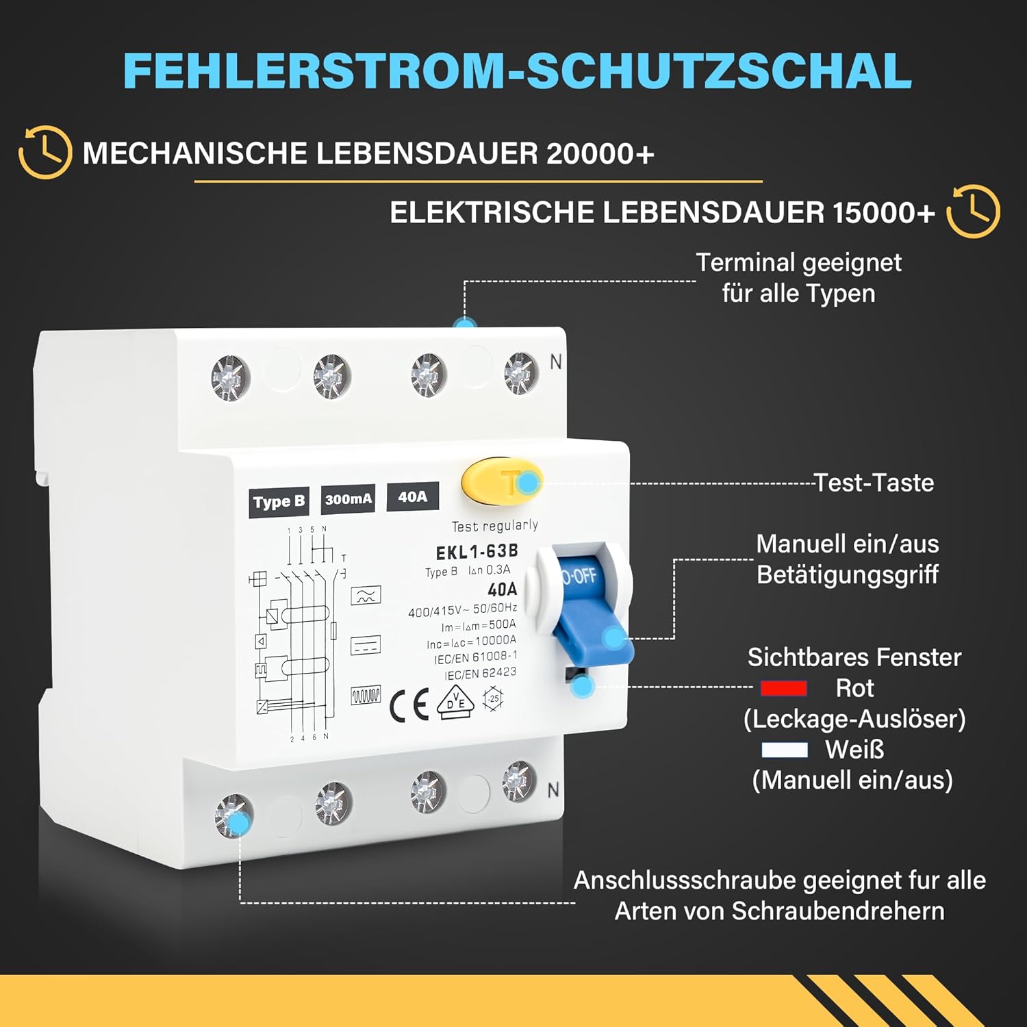 FI Schutzschalter Typ B 40A 300mA 4 Polig, VDE Zertifizierung Fehlerstromschutzschalter RCD Allstromsensitiver Schalter Automat Sicherun für Wallboxen Ladestationen, DIN Hutschiene Montage