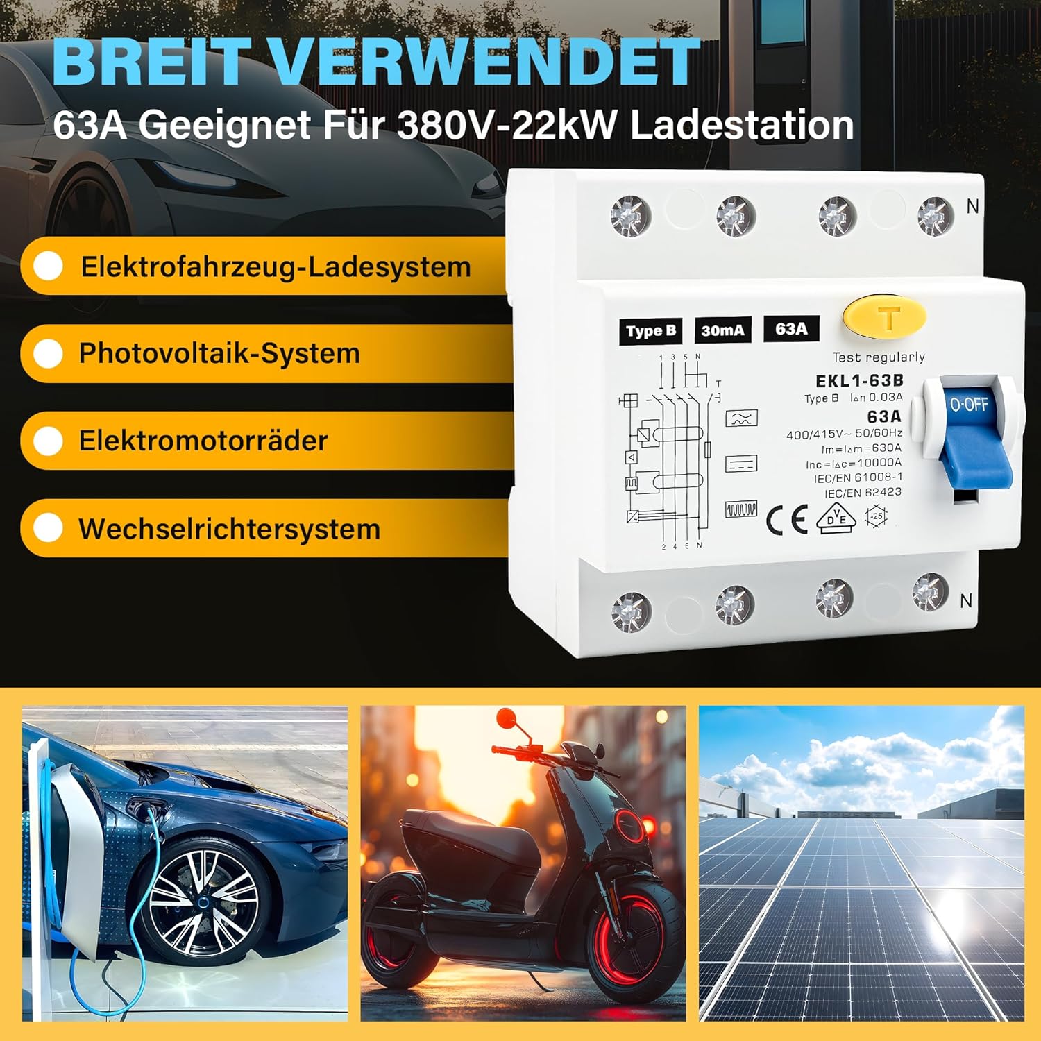 FI Schutzschalter Typ B 63A 30mA 4 Polig, VDE Zertifizierung Fehlerstromschutzschalter RCD Allstromsensitiver Schalter Automat Sicherung für Wallboxen Ladestationen, DIN Hutschiene Montage