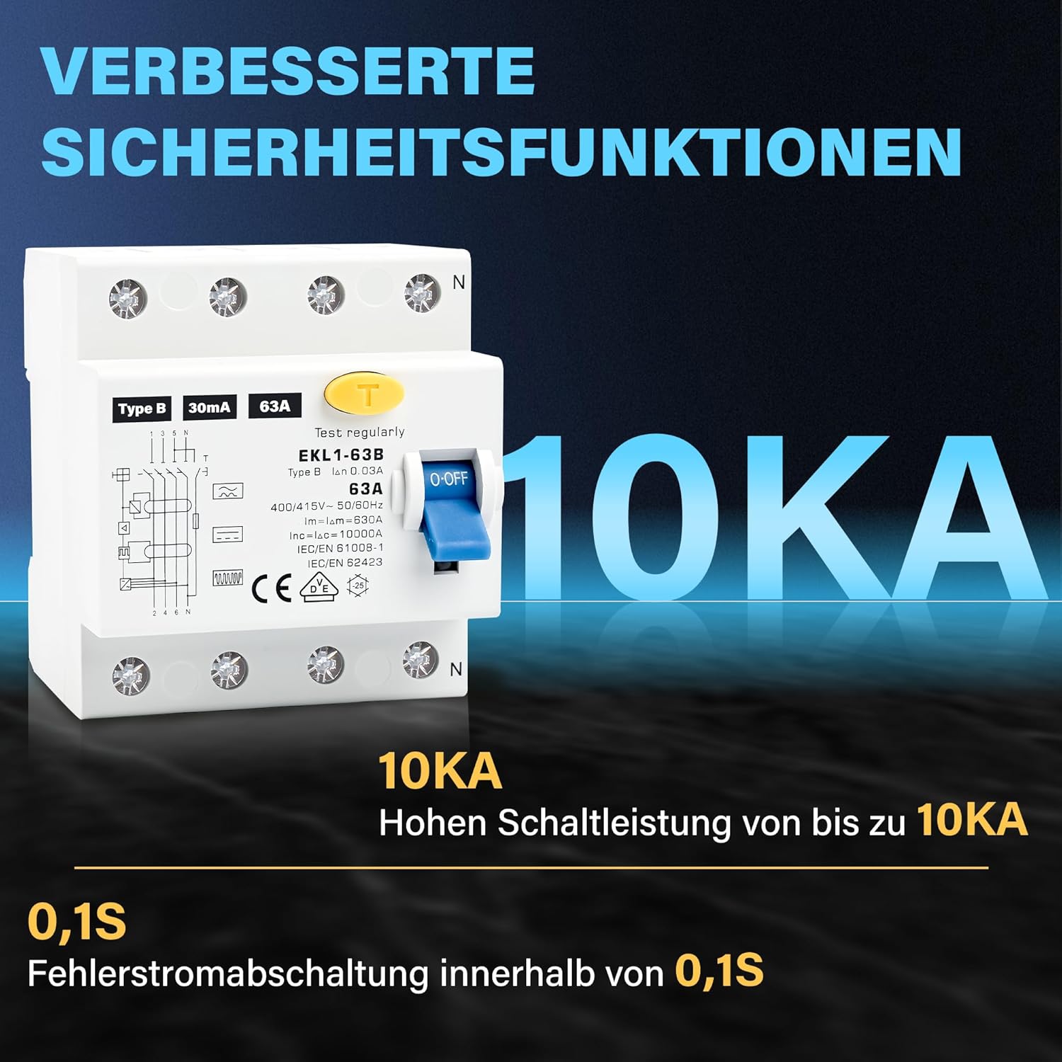 FI Schutzschalter Typ B 63A 30mA 4 Polig, VDE Zertifizierung Fehlerstromschutzschalter RCD Allstromsensitiver Schalter Automat Sicherung für Wallboxen Ladestationen, DIN Hutschiene Montage