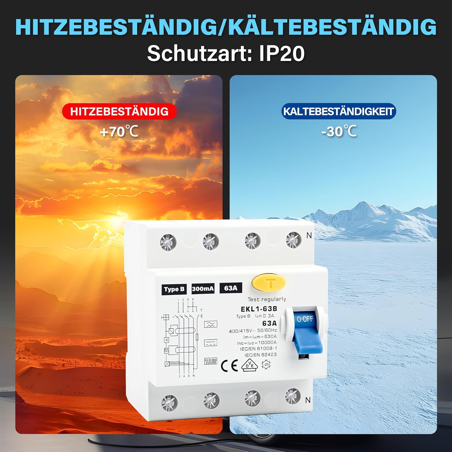 FI Schutzschalter Typ B 63A 300mA 4 Polig, VDE Zertifizierung Fehlerstromschutzschalter RCD Allstromsensitiver Schalter Automat Sicherun für Wallboxen Ladestationen, DIN Hutschiene Montage