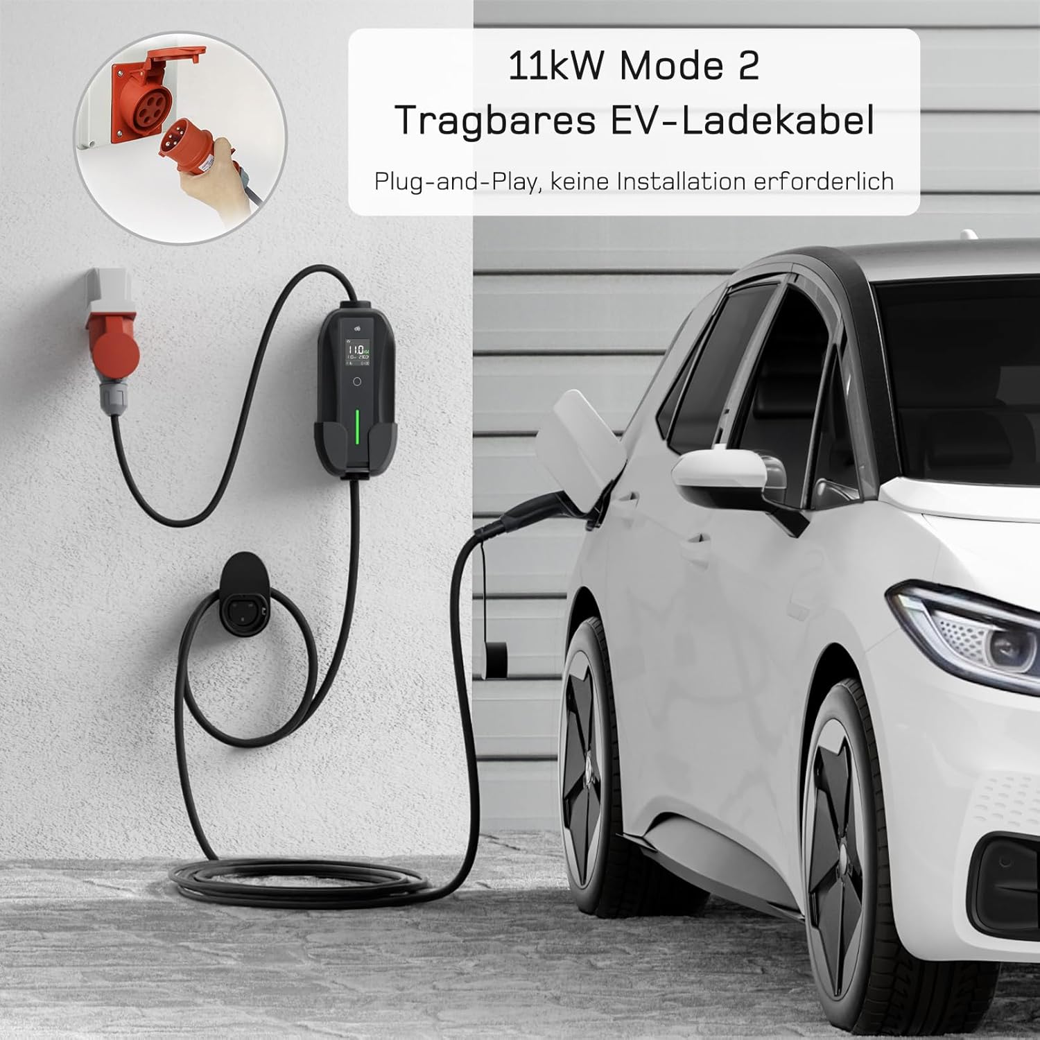 Mobile Wallbox / Ladestation 11kW [3-phasig | 7m | 6-16A] mit Einstellbarer Ladeleistung, Ladekabel CEE 16A auf Typ 2 und EV Ladegerät für Model Y/3, ID.3/4/5, MG4, EX30, e-up, e-tron, Zoe und andere EV