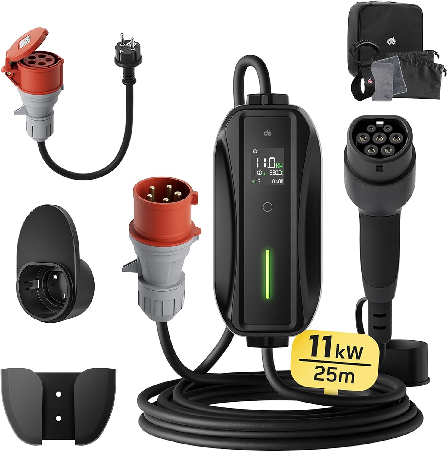 Mobile Wallbox / Ladestation 11kW [3-phasig | 25m | 6-16A] mit Einstellbarer Ladeleistung, Ladekabel CEE 16A auf Typ 2 und EV Ladegerät für Model Y/3, ID.3/4/5, MG4, EX30, e-up, e-tron, Zoe und andere EV