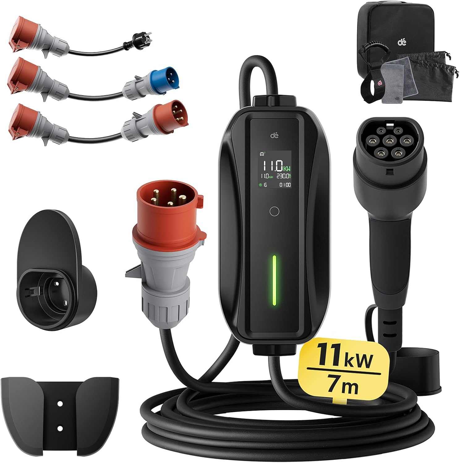 Mobile Wallbox/Ladestation 11kW [3-phasig | 7m | 6-16A] mit Traveller Adapter Set, Ladekabel CEE 16A auf Typ 2 und EV Ladegerät für Model Y/3, ID.3/4/5, MG4, EX30, e-up, e-tron, Zoe und andere EV