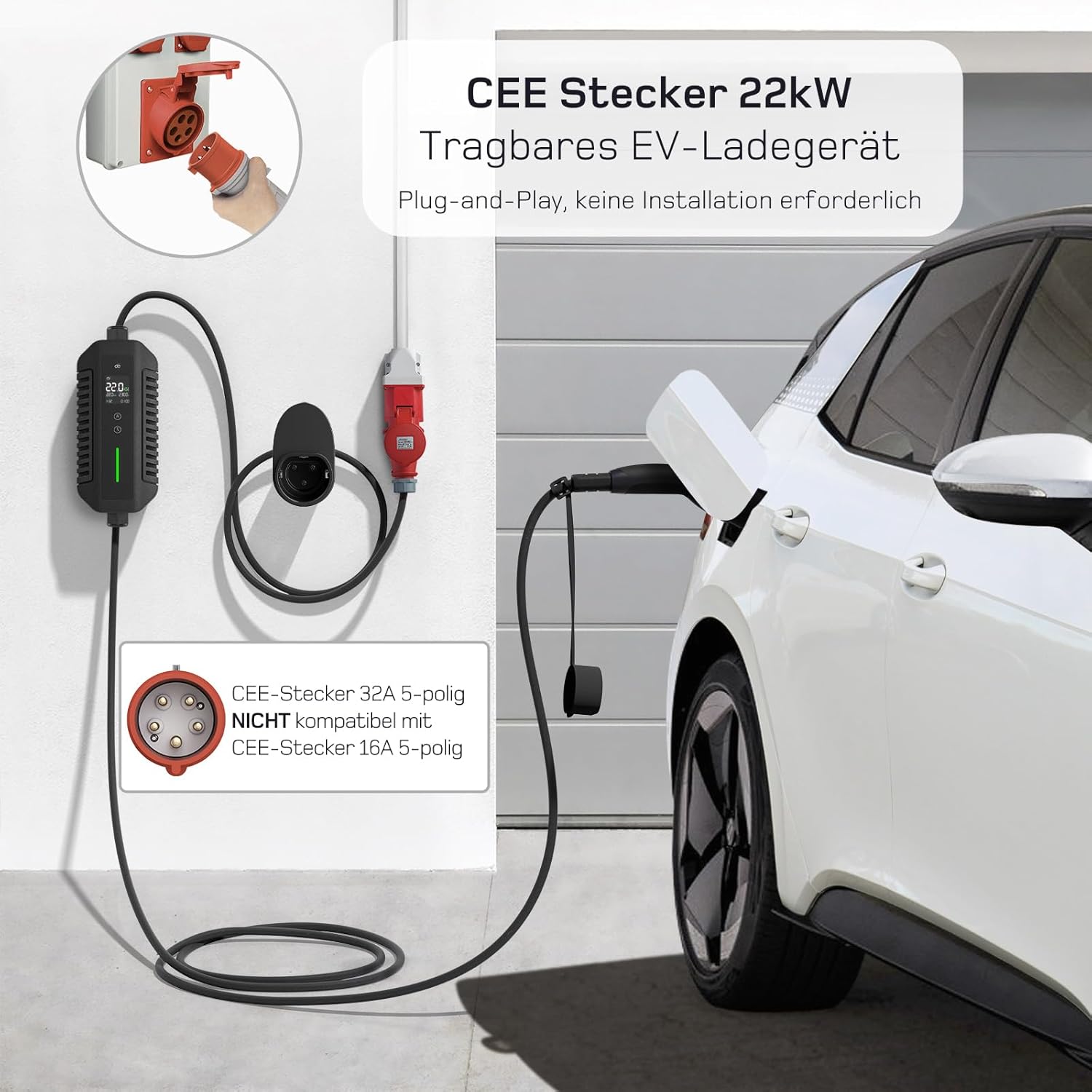 Mobile Wallbox/Ladestation 22kW [3-phasig | 10m | 6-32A] mit stromzähler, Ladekabel CEE 32A auf Typ 2 und EV Ladegerät für Model Y/3, ID.3/4/5, MG4, EX30, e-up, e-tron, Zoe und andere EV/PHEV