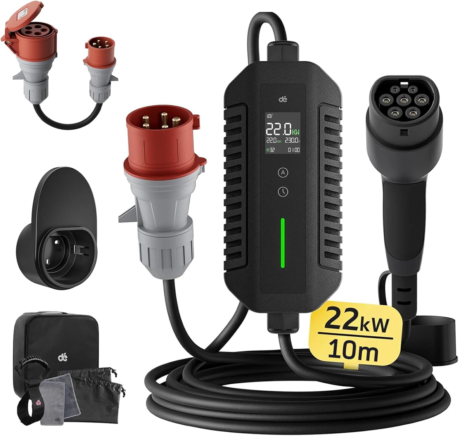 Mobile Wallbox/Ladestation 22kW [3-phasig | 10m | 6-32A] mit stromzähler, Ladekabel CEE 32A auf Typ 2 und EV Ladegerät für Model Y/3, ID.3/4/5, MG4, EX30, e-up, e-tron, Zoe und andere EV/PHEV