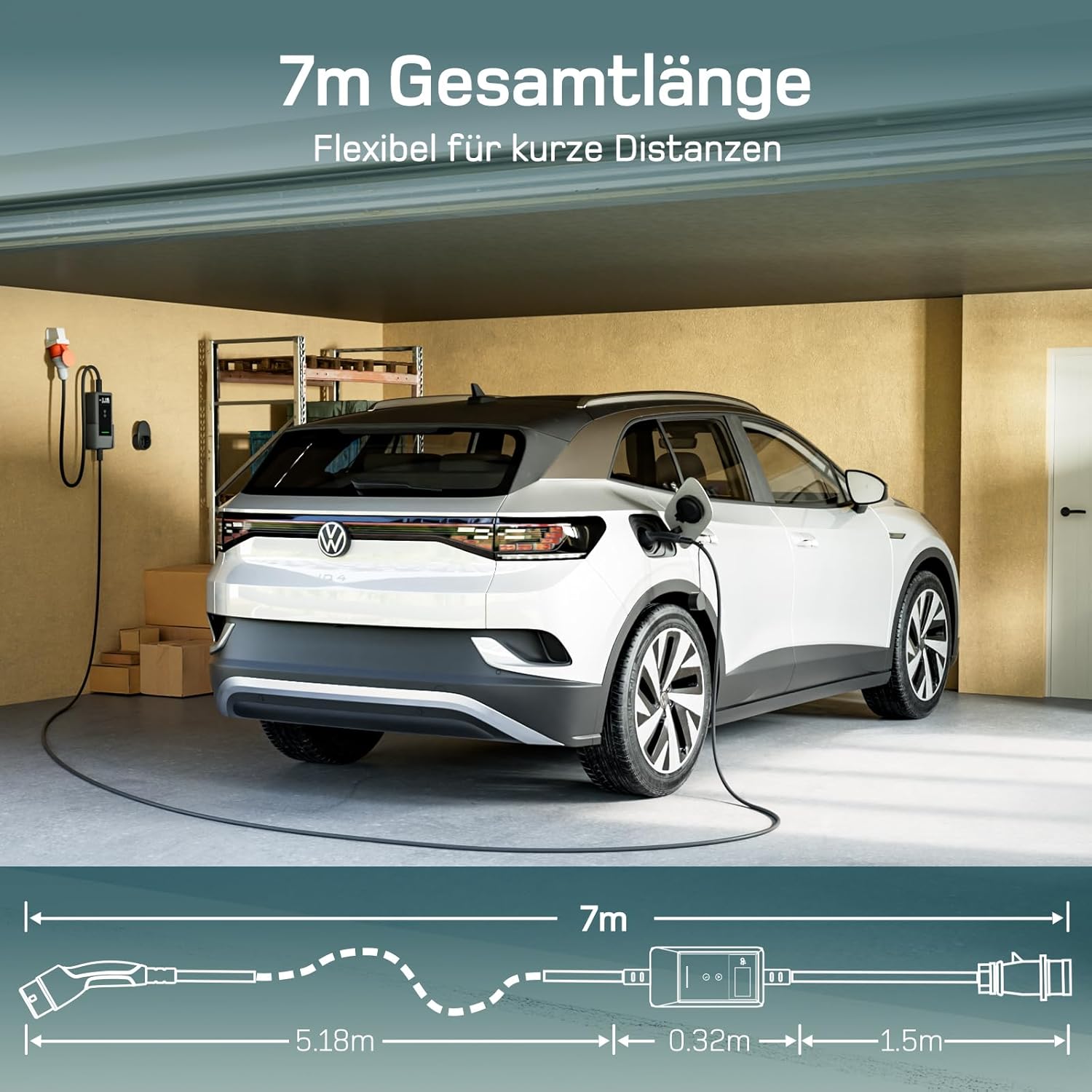 Mobile Wallbox 11kW mit APP [7 m | 3-phasig | 6–16 A], mit Traveller Set, CEE-16A 400V auf Typ 2 mit Einstellbarer Ladeleistung, EV-Charger für ID.3/4/5/7, IX1, Model 3/Y und andere BEV/PHEV