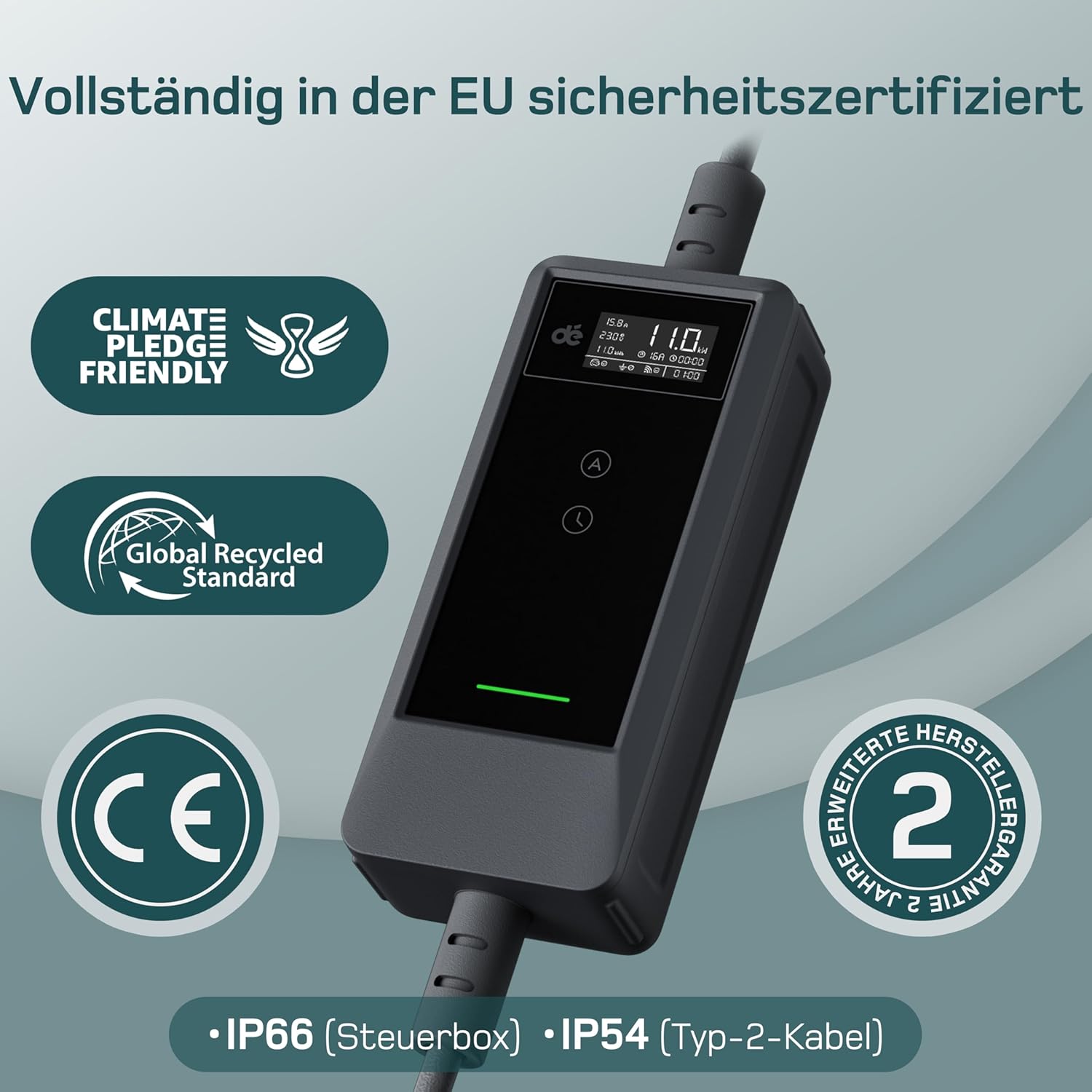 Mobile Wallbox 11kW mit APP [20 m | 3-phasig | 6–16 A], Ladekabel e Auto CEE-16A 400V auf Typ 2 mit Einstellbarer Ladeleistung, EV-Charger für ID.3/4/5/7, IX1, Model 3/Y und andere BEV/PHEV
