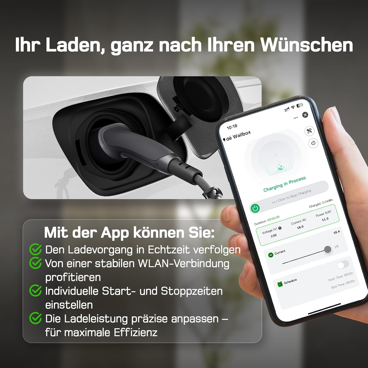 Mobile Wallbox 11kW mit APP [20 m | 3-phasig | 6–16 A], Ladekabel e Auto CEE-16A 400V auf Typ 2 mit Einstellbarer Ladeleistung, EV-Charger für ID.3/4/5/7, IX1, Model 3/Y und andere BEV/PHEV