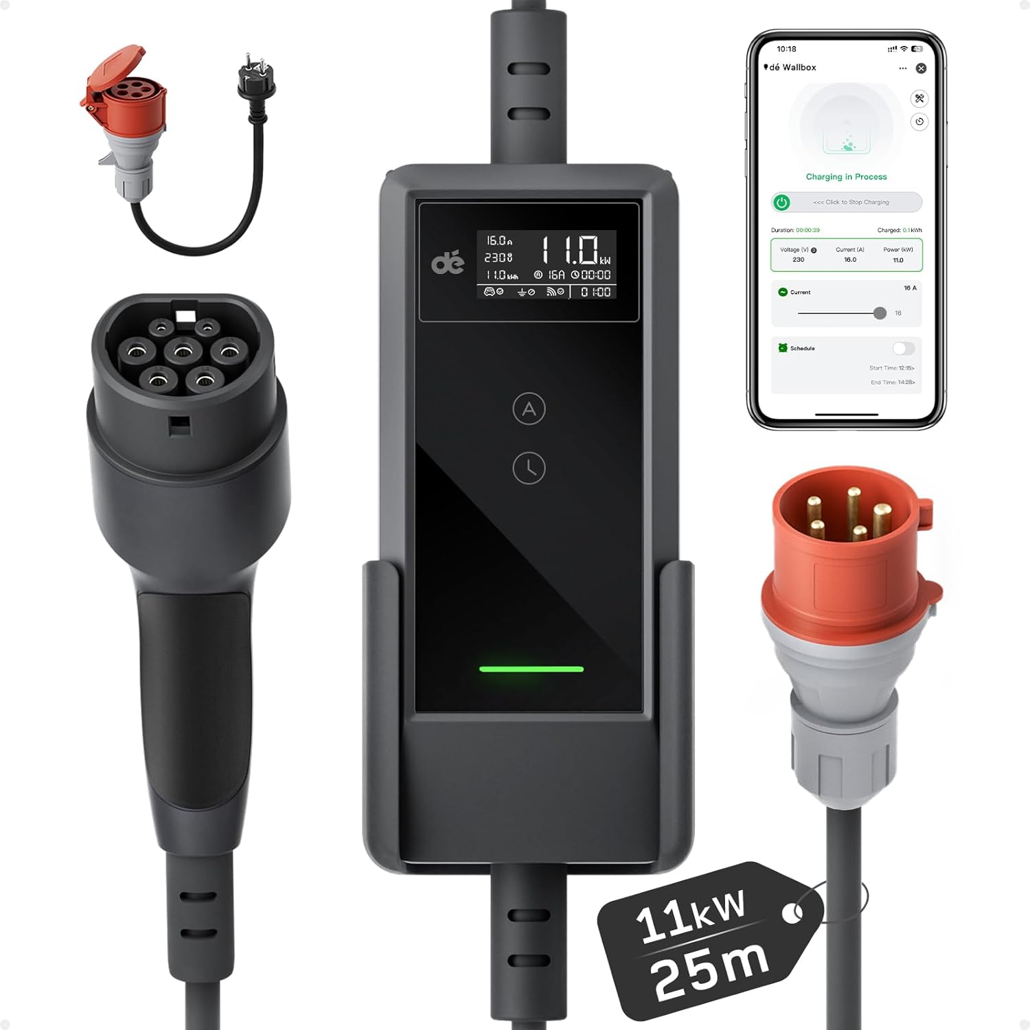 Mobile Wallbox 11kW mit APP [25 m | 3-phasig | 6–16 A], Ladekabel e Auto CEE-16A 400V auf Typ 2 mit Einstellbarer Ladeleistung, EV-Charger für ID.3/4/5/7, IX1, Model 3/Y und andere BEV/PHEV