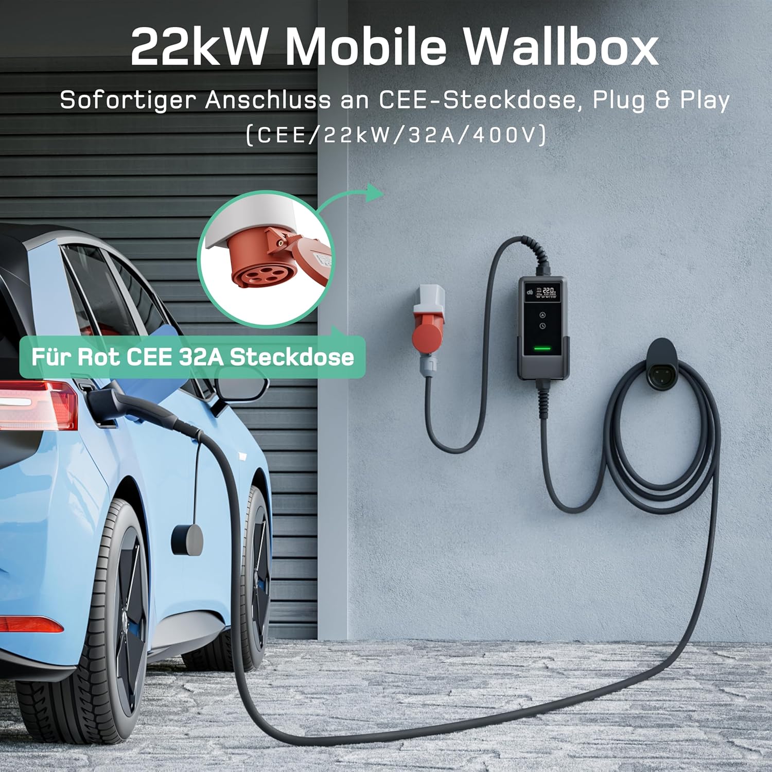 Mobile Wallbox/Ladestation 22kW Mit App [3-phasig | 15m | 6-32A] mit Stromzähler, Ladekabel CEE 32A auf Typ 2 und EV Ladegerät für Model Y/3, ID.3/4/5, MG4, EX30, e-up, e-tron und BEV/PHEV