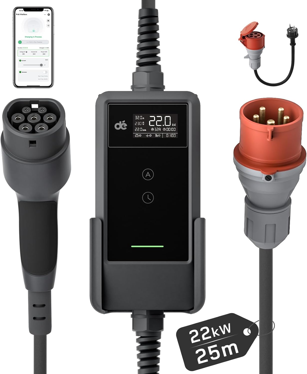 Mobile Wallbox/Ladestation 22kW Mit App [3-phasig | 25m | 6-32A] mit Stromzähler, Ladekabel CEE 32A auf Typ 2 und EV Ladegerät für Model Y/3, ID.3/4/5, MG4, EX30, e-up, e-tron und andere EV/PHEV