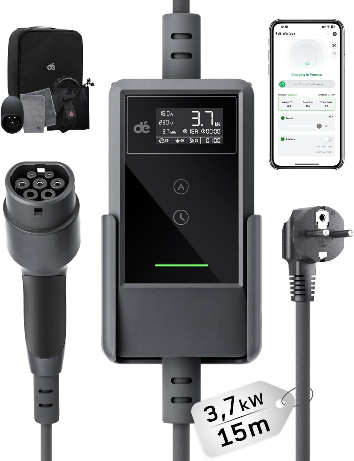 Typ 2 Ladekabel Schuko mit APP 3,7kW [15m, 6-16A, 1-phasig] Ladekabel Typ 2 Schuko mit Fernsteuerbarer Leistung - EV Charger 3,7kW für e Auto ID.3/4/5/7, Model Y/3, ENYAQ und Anderen PHEV/EV