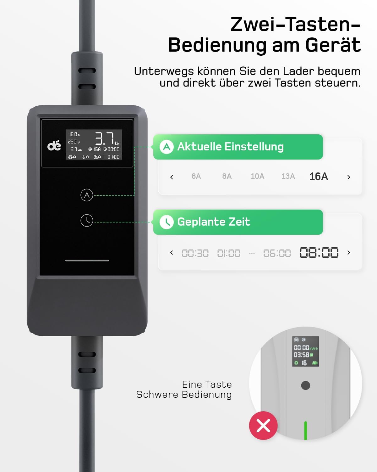 Typ 2 Ladekabel Schuko mit APP 3,7kW [20m, 6-16A, 1-phasig] Ladekabel Typ 2 Schuko mit Fernsteuerbarer Leistung - EV Charger 3,7kW für e Auto ID.3/4/5/7, Model Y/3, ENYAQ und Anderen PHEV/EV