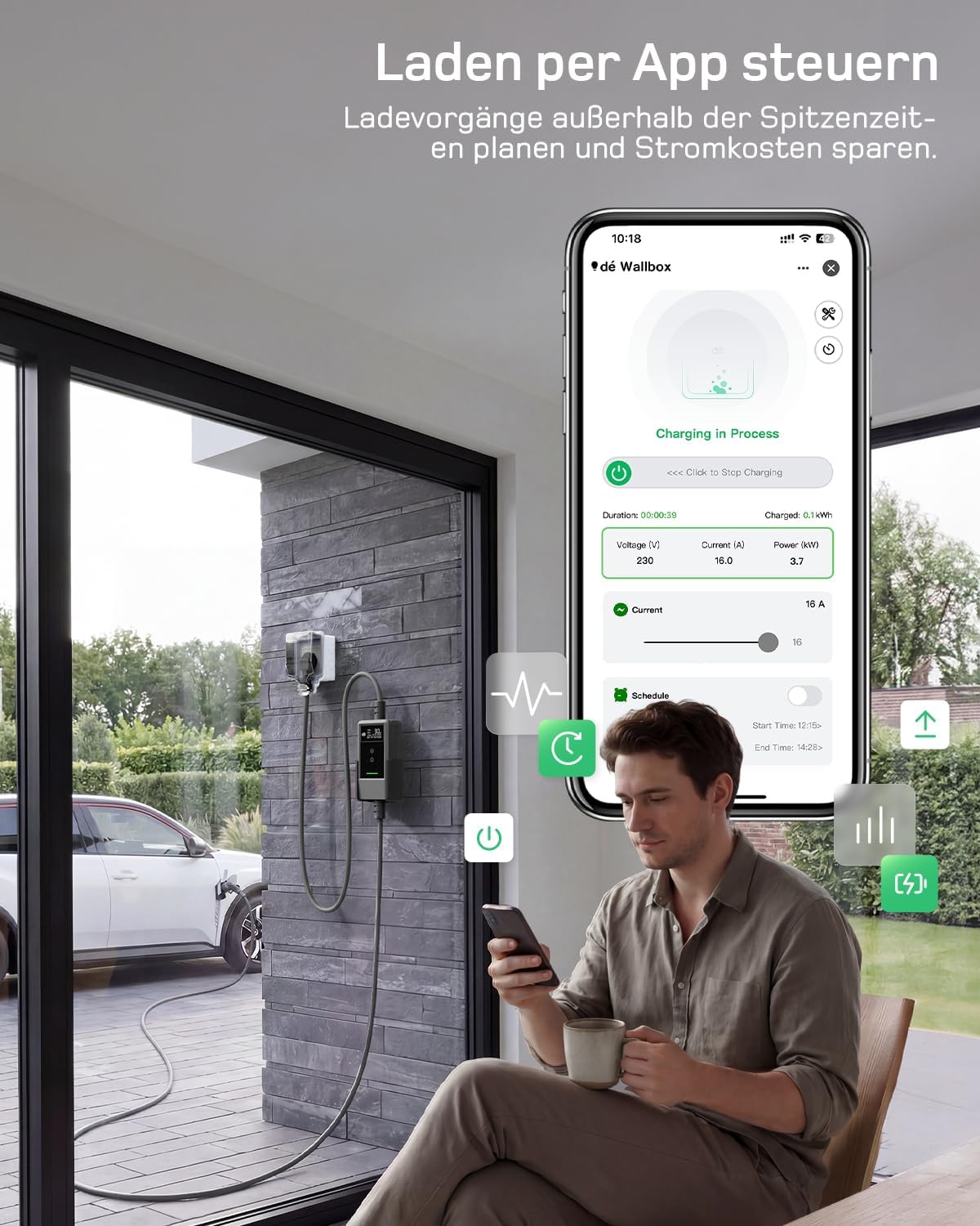 Typ 2 Ladekabel Schuko mit APP 3,7kW [25m, 6-16A, 1-phasig] Ladekabel Typ 2 Schuko mit Fernsteuerbarer Leistung - EV Charger 3,7kW für e Auto ID.3/4/5/7, Model Y/3, ENYAQ und Anderen PHEV/EV