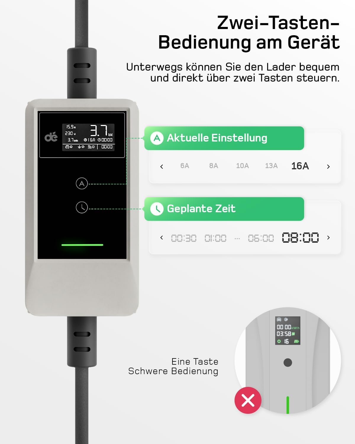 Typ 2 Ladekabel Schuko mit APP 3,7kW [7m, 6-16A, 1-phasig] Ladekabel Typ 2 Schuko mit Fernsteuerbarer Leistung - EV Charger 3,7kW Weiß für e Auto ID.3/4/5/7, Model Y/3, ENYAQ und Anderen PHEV/EV