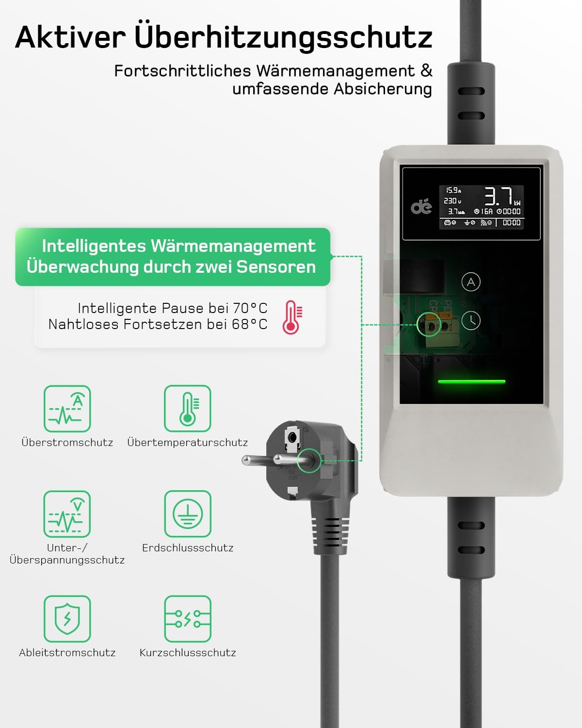 Typ 2 Ladekabel Schuko mit APP 3,7kW [10m, 6-16A, 1-phasig] Ladekabel Typ 2 Schuko mit Fernsteuerbarer Leistung - EV Charger 3,7kW Weiß für e Auto ID.3/4/5/7, Model Y/3, ENYAQ und Anderen PHEV/EV