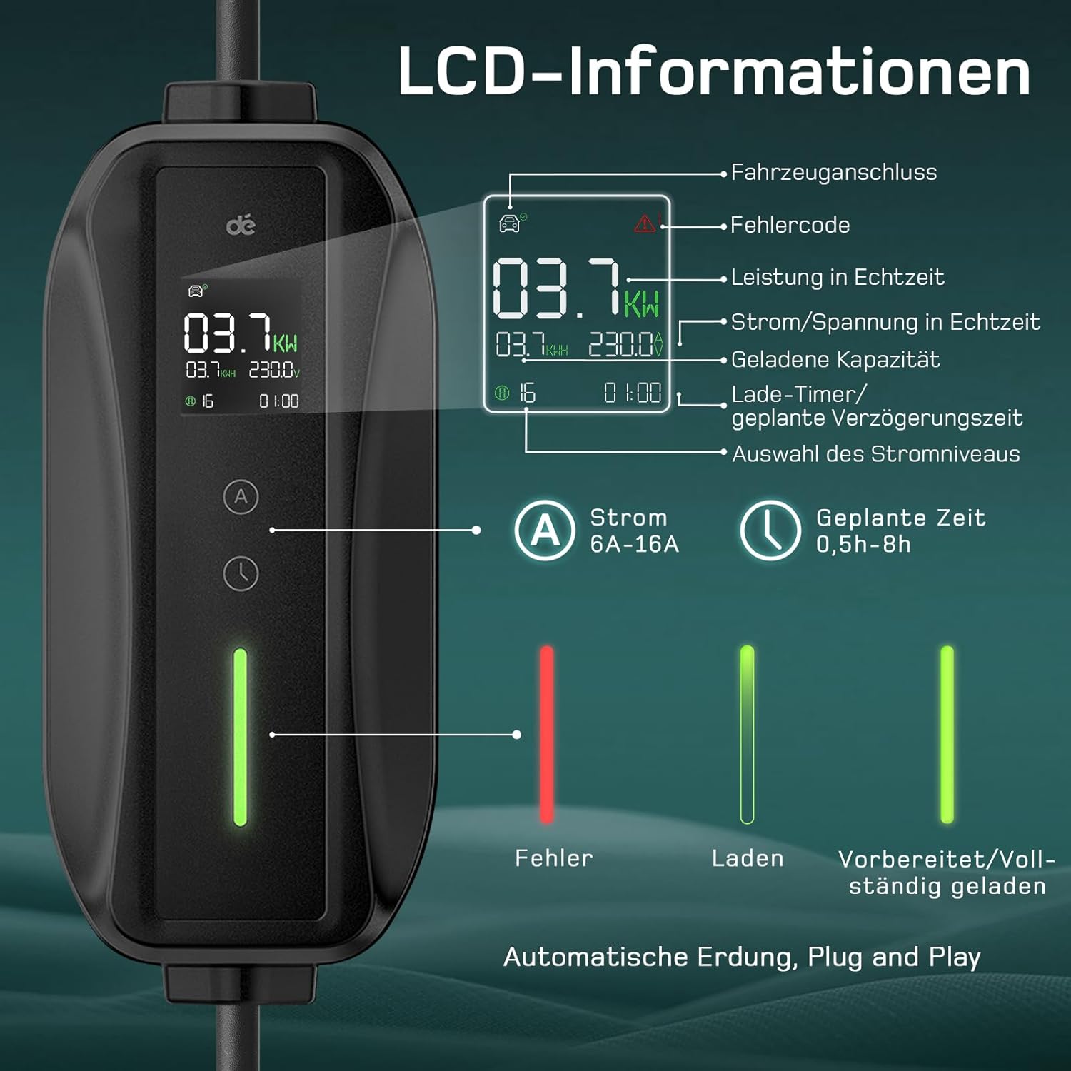 Typ 2 Ladekabel Schuko 3,68kW [1-phasig, 6m, 6-16A], EV Chargers mit Steuerbarer Digitalanzeige für Elektroauto, EV Ladegerät für 3008/508, C5X, DS7, GLA, Q3, X3, ZOE, ID.3, ID.4 und Anderen PHEV/EV