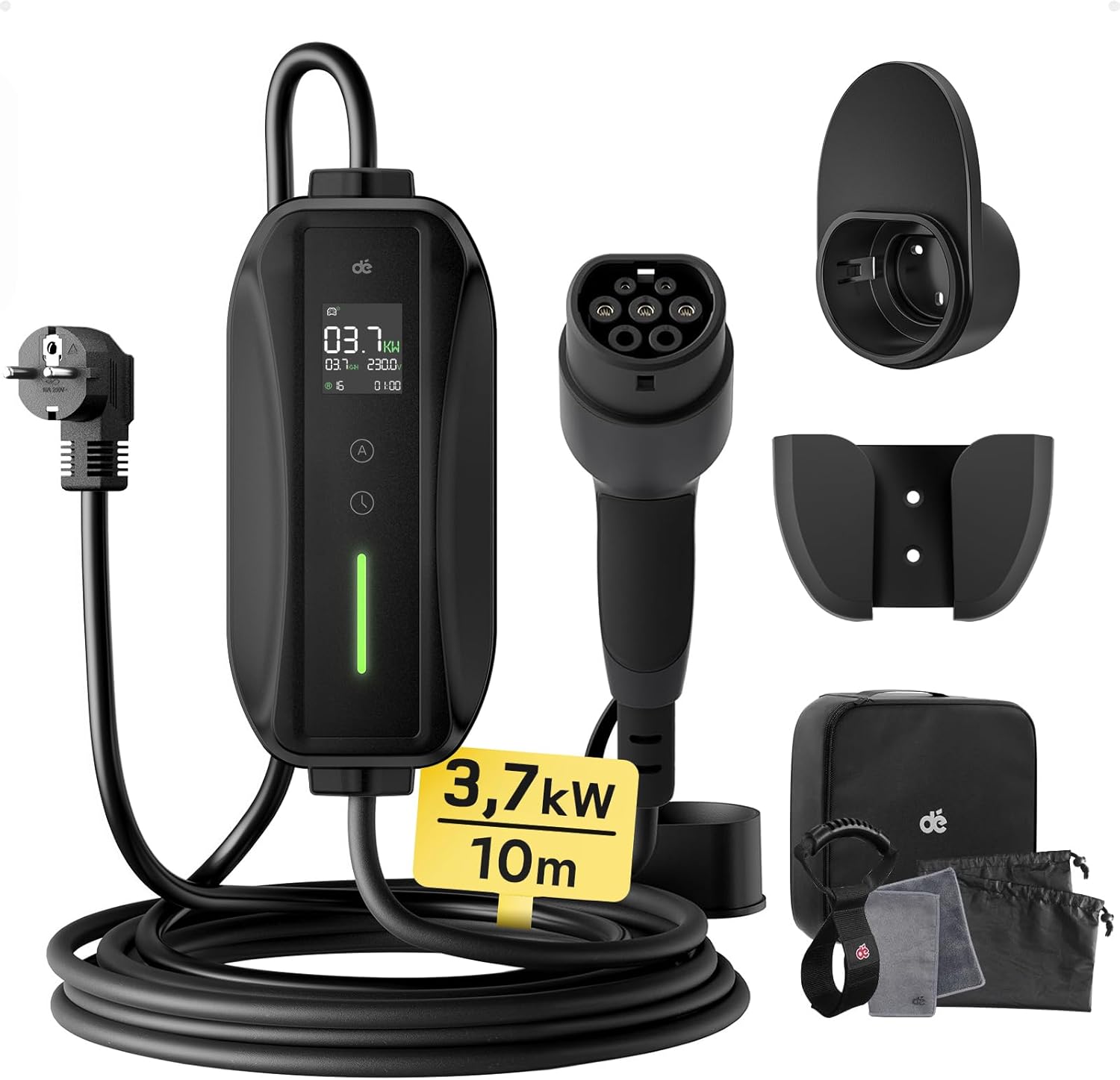 Ladekabel Typ 2 Schuko 3,68kW [1-phasig, 10m, 6-16A] EV Chargers mit Steuerbarer Digitalanzeige für Elektroauto, Ladekabel e Auto für Model 3/Y, ID.3, ID.4, ID.5, MG4, Q4, Gla und Anderen PHEV/EV