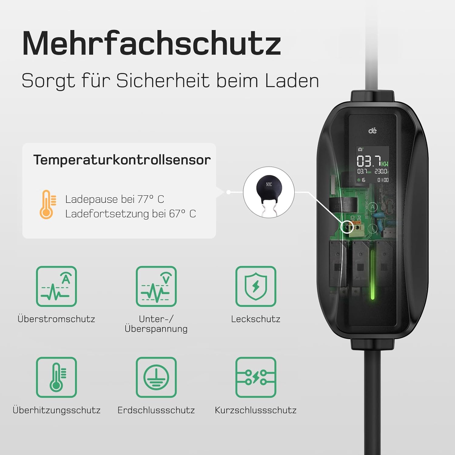 Ladekabel Typ 2 Schuko 3,68kW [1-phasig, 15m, 6-16A] EV Chargers mit Steuerbarer Digitalanzeige für Elektroauto, Ladekabel e Auto für Model 3/Y, ID.3, ID.4, ID.5, MG4, Q4, Gla und Anderen PHEV/EV